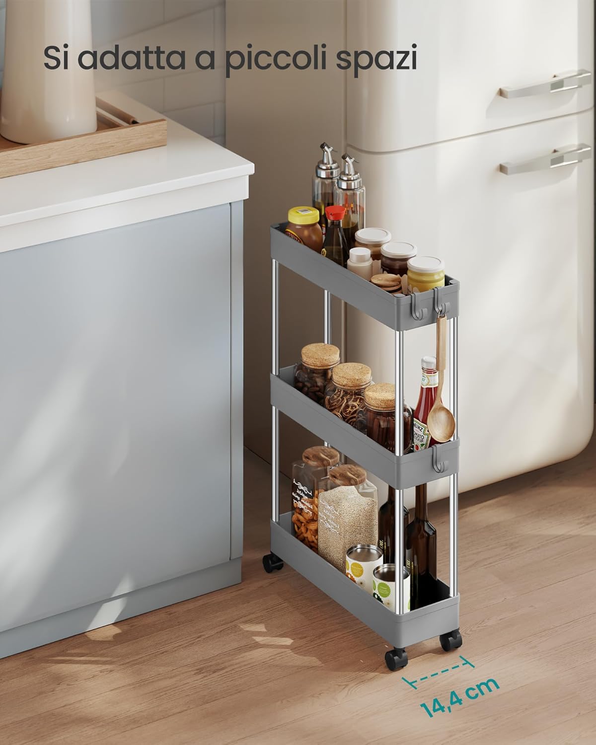Detalle de SONGMICS Carrello Portaoggetti a 3 Livelli KSC007G01: design slim e versatilità per cucina, bagno e ufficio