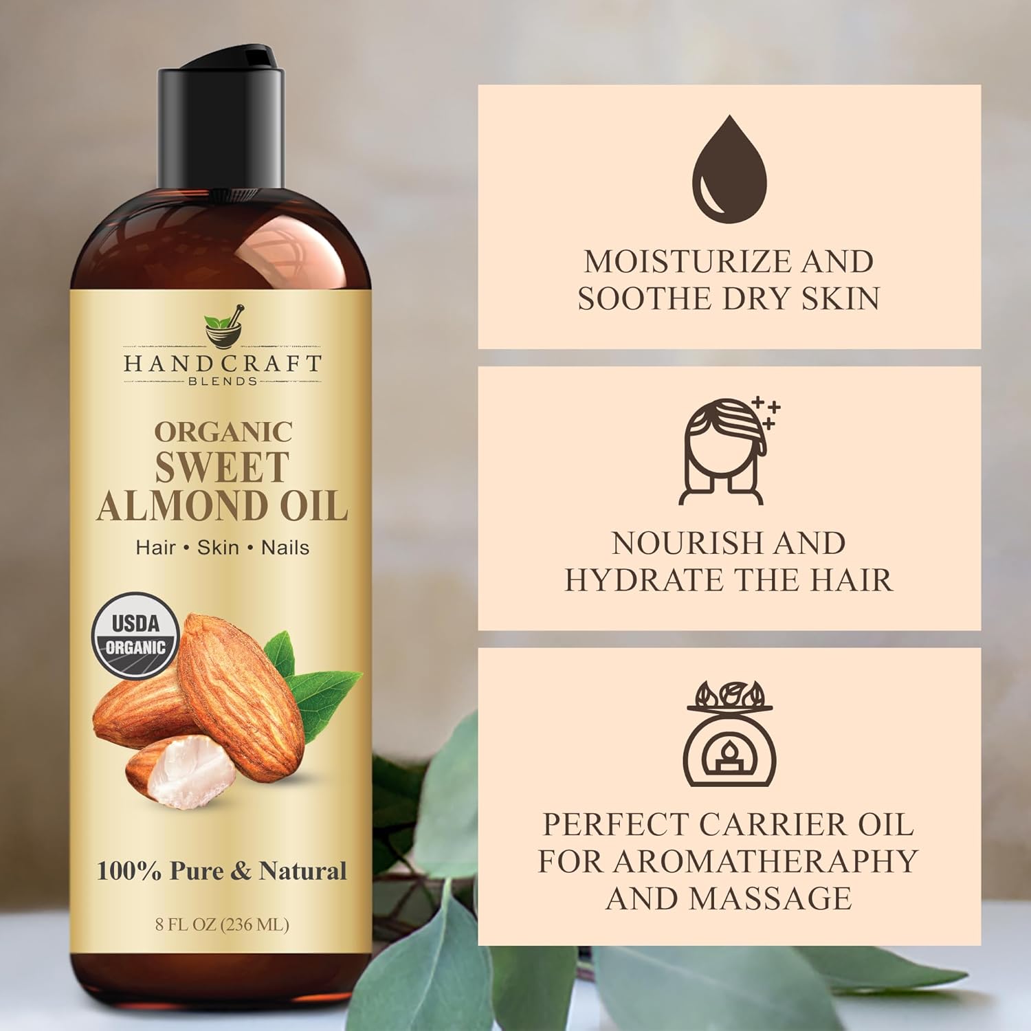 Detalle 2 de Handcraft Blends Organic Sweet Almond Oil (8 fl oz) — 100% Pure Carrier Oil for Skin, Hair & Massage