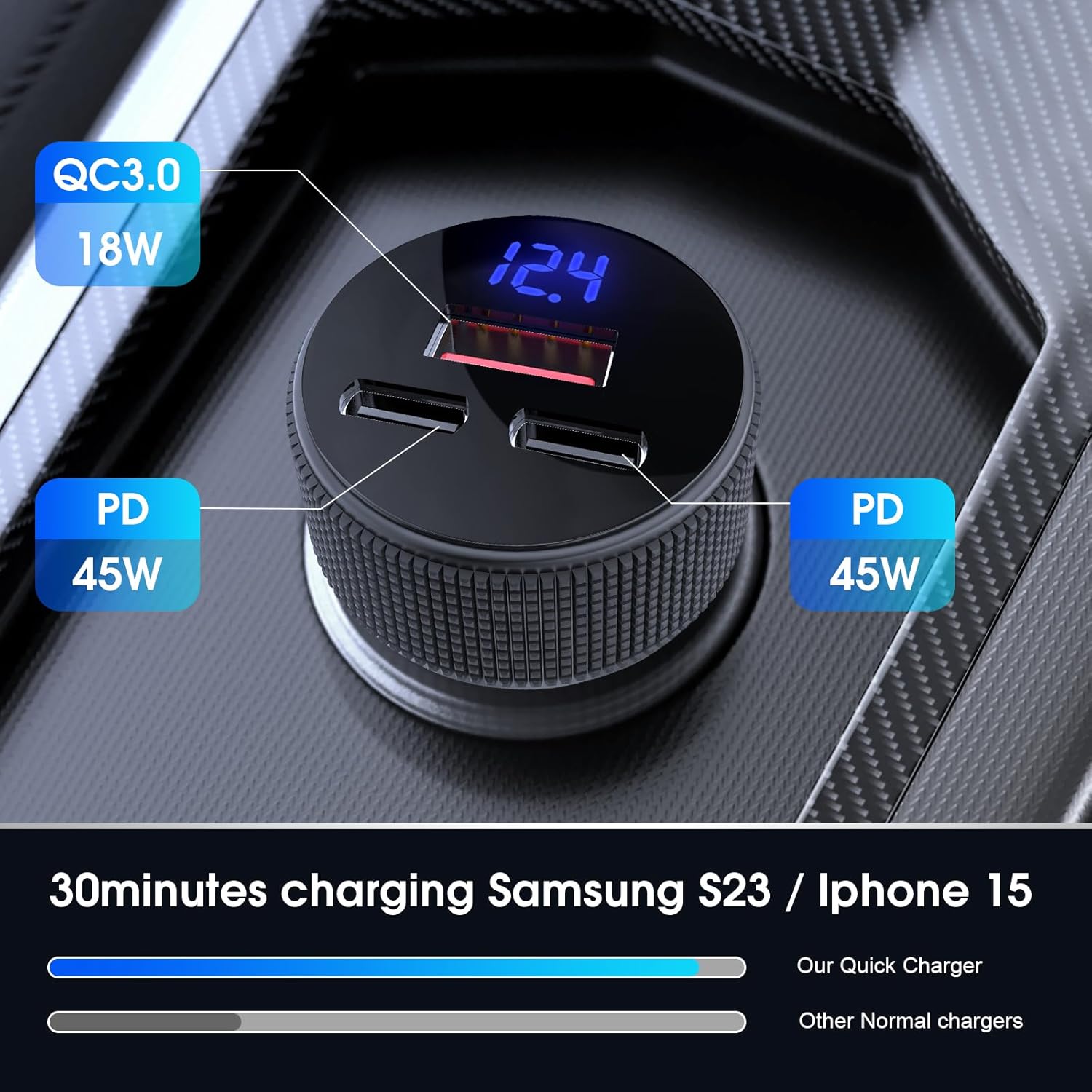 Thumbnail 2 de GemCoo 108W USB‑C Auto-Ladegerät (Dual PD + QC3.0) mit 3 Ports und LED-Voltmeter, KFZ-Zigarettenanzünder