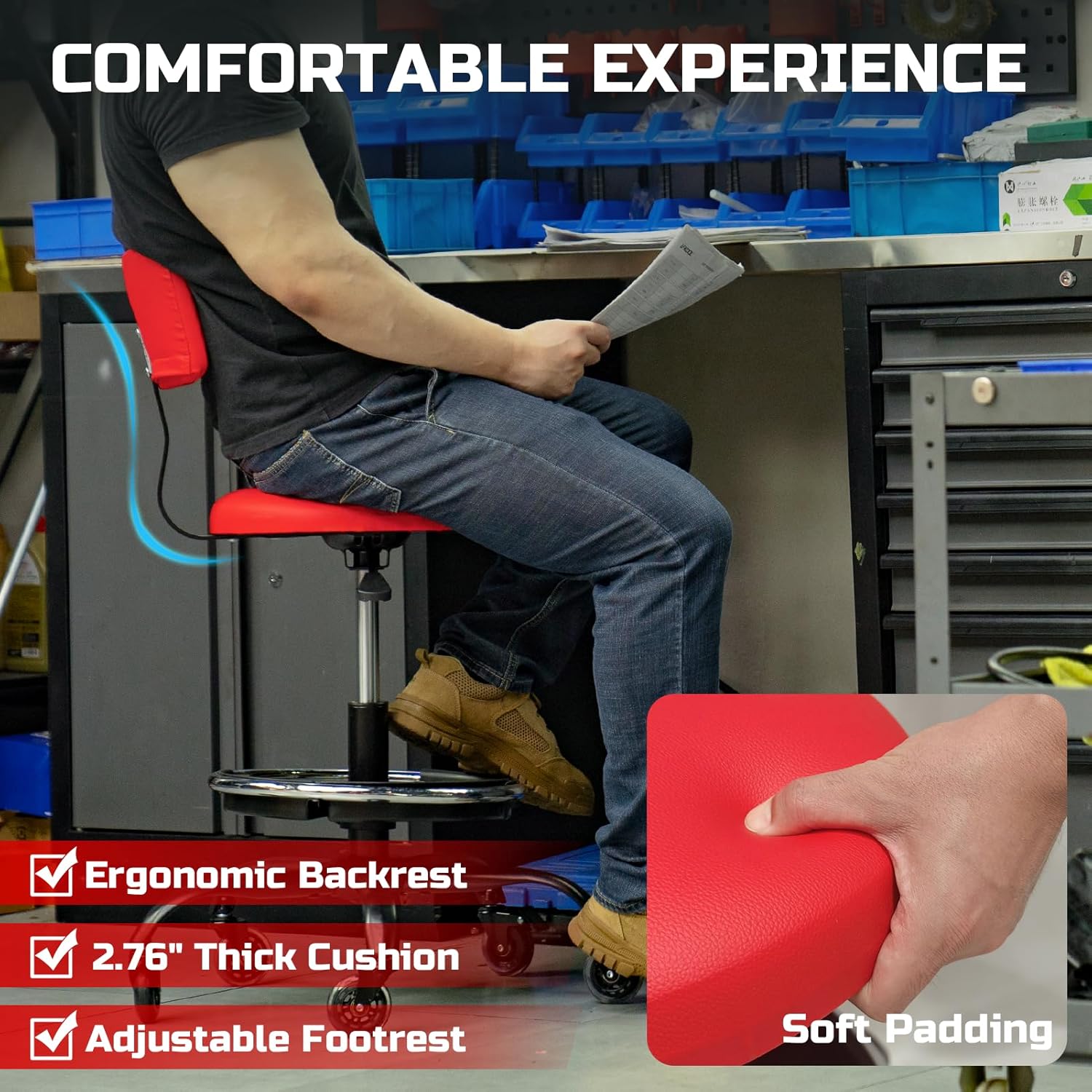 Thumbnail 3 de Rolling Shop Stool Adjustable 18.7–25.59 in