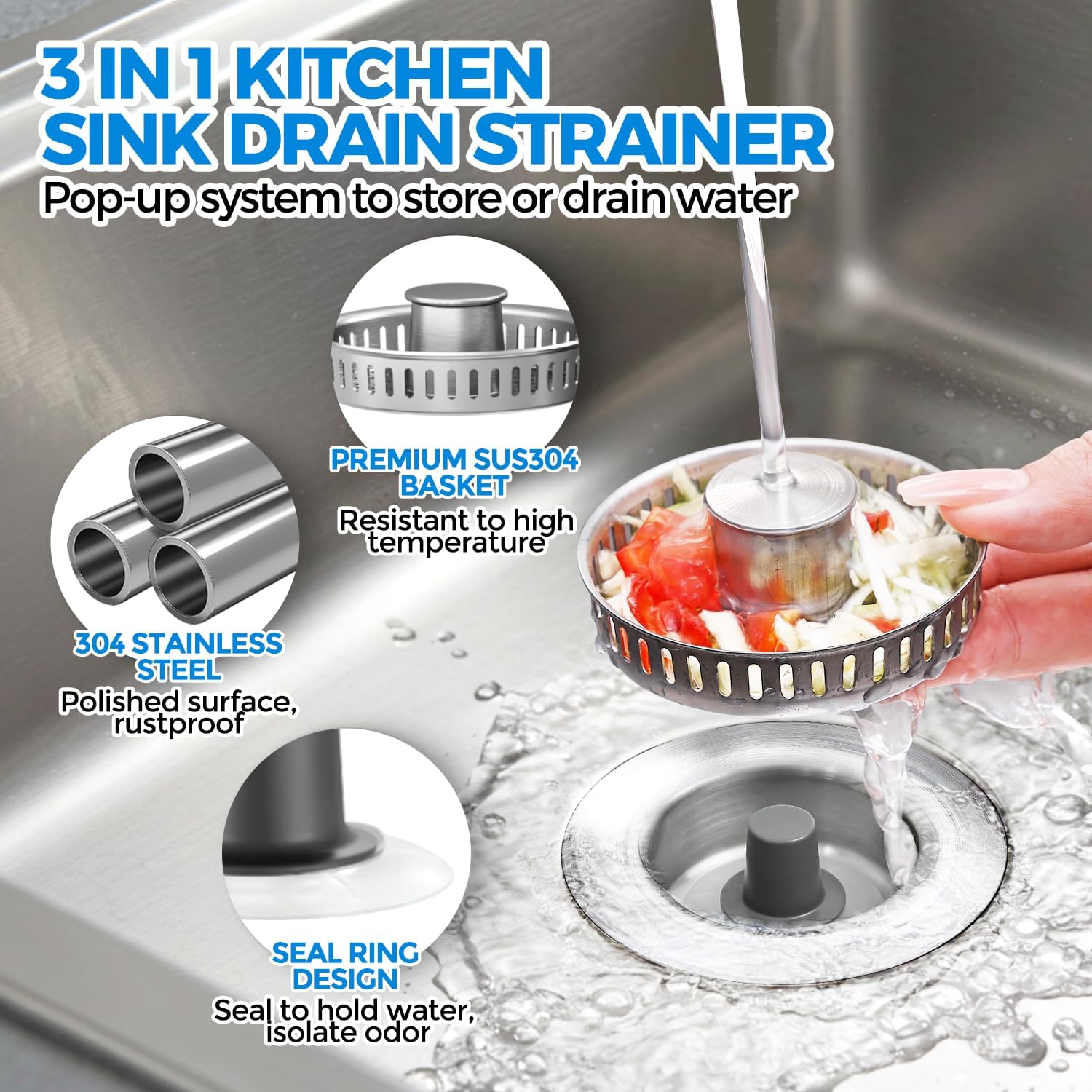 Detalle de ZAA CA-Kitchen Drain Strainer-steel 3-in-1 Sink Stopper and Strainer
