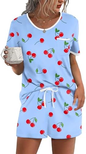 Detalle de Ekouaer Two-Piece Women's Pajama Set with Chest-Pocket Top and Drawstring Shorts