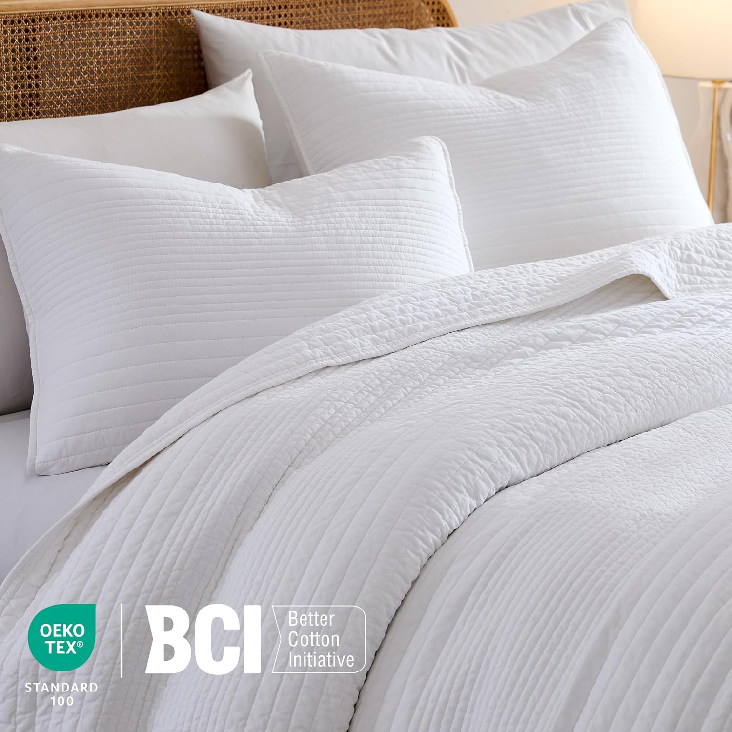 Detalle de palassio Q-TZ-WHITE-CKING Cotton Quilt Set, California King, White Stripes