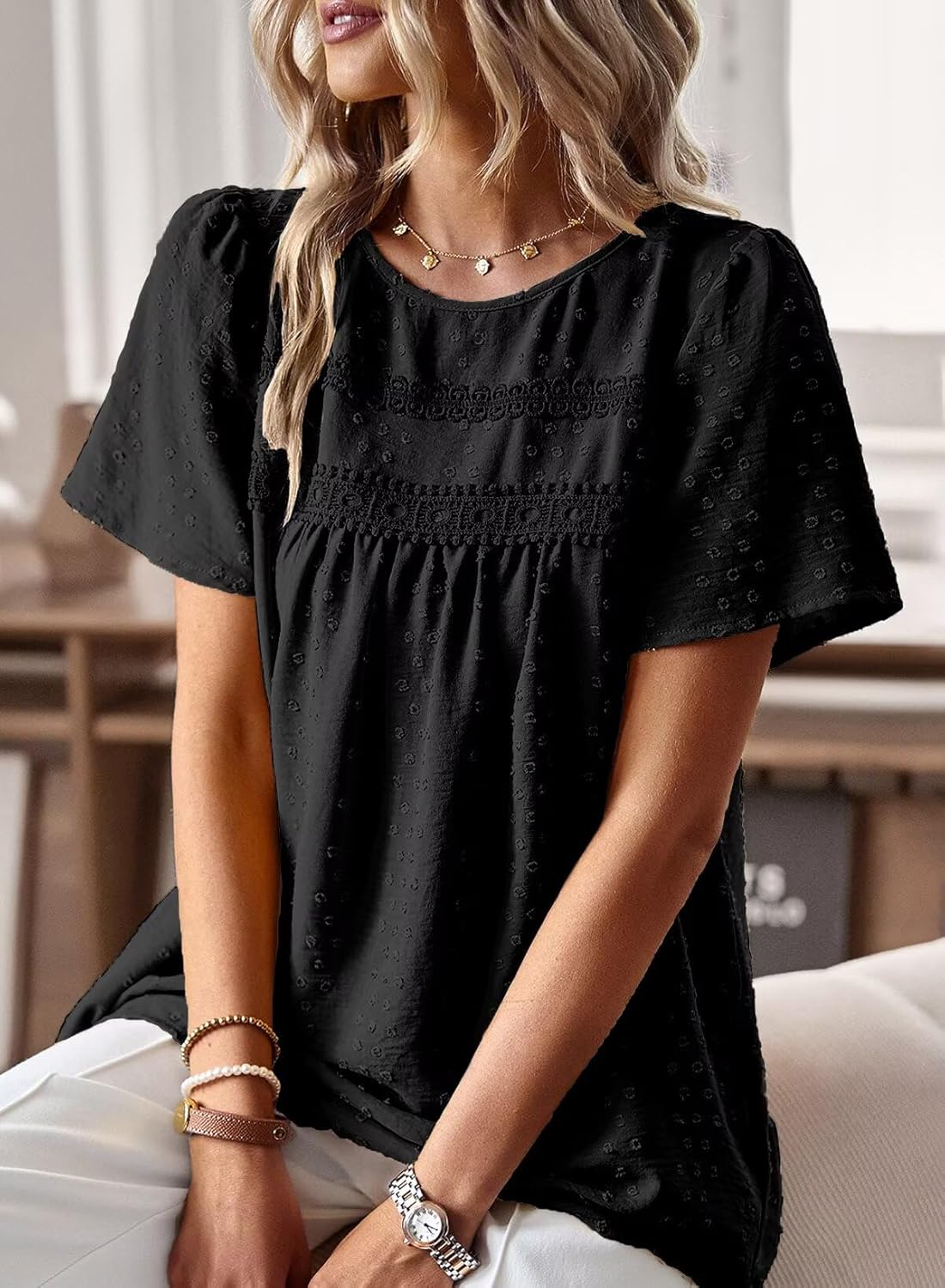 Thumbnail 1 de TUUHAW Femme Chemisier Boho – Blouse Manches Courtes Col Rond Dentelle Fluide