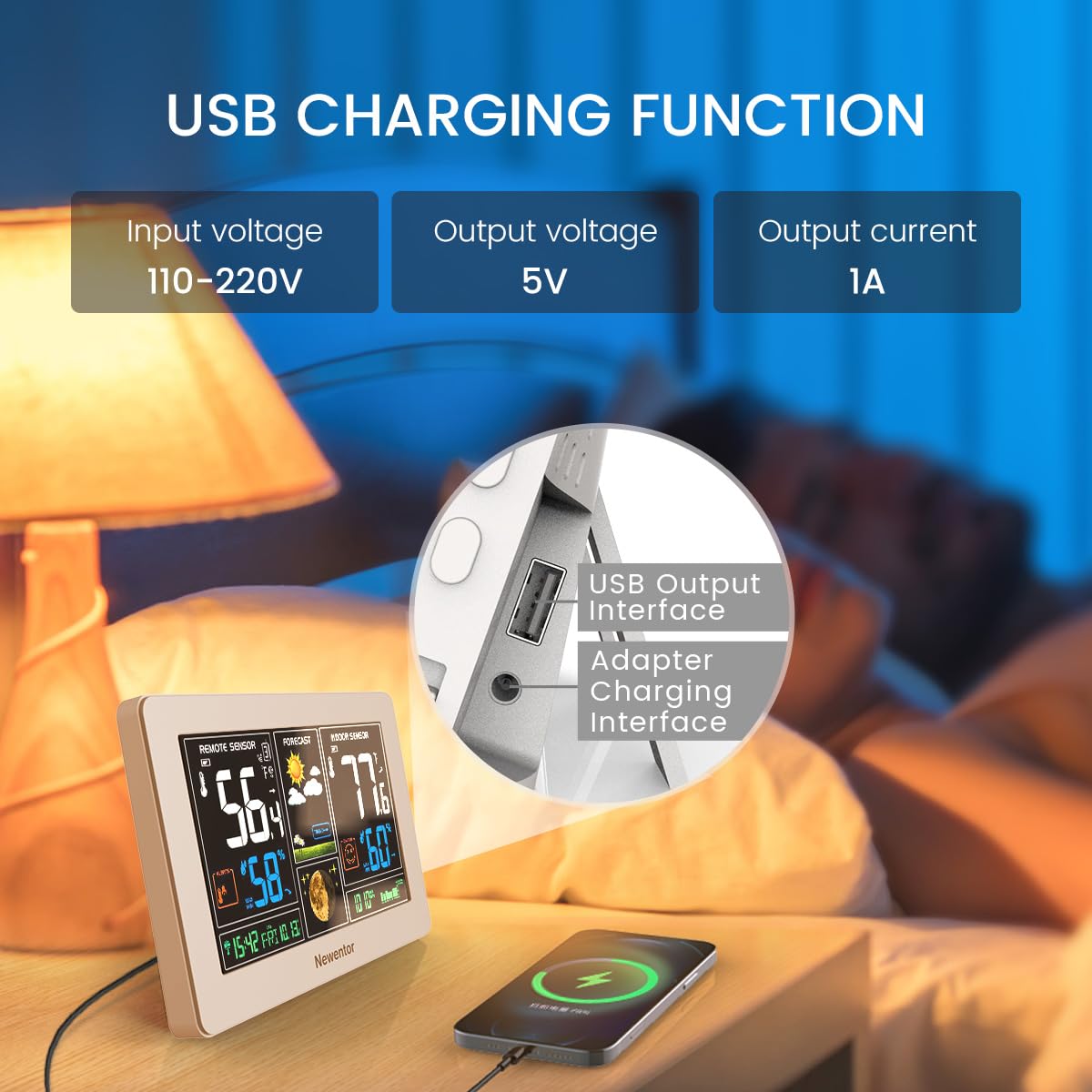 Detalle 2 de Newentor 2-Sensor Wireless Weather Station, White Color Display and Atomic Clock