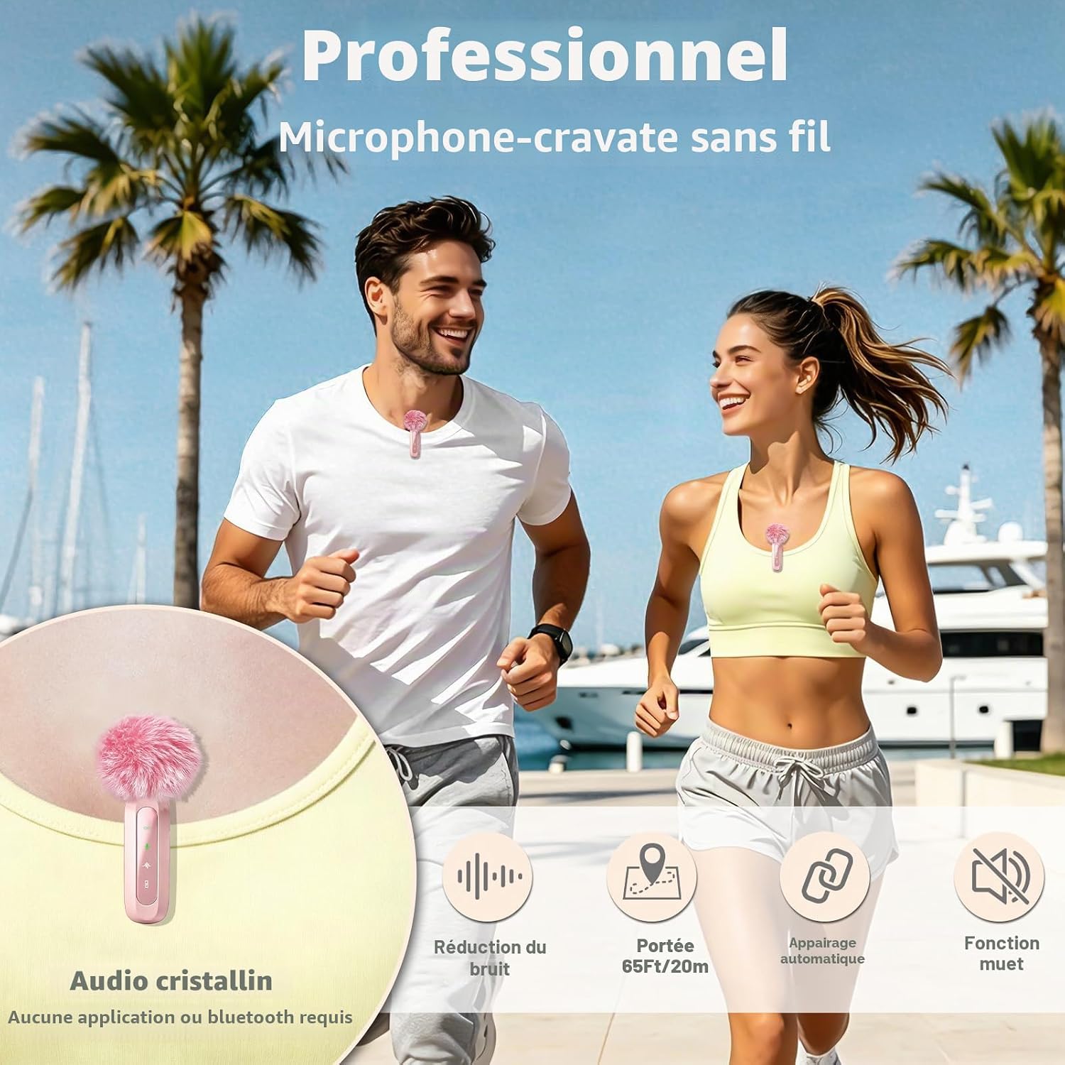 Detalle 2 de Uewpv Microphone lavalier Rose pour iPhone et USB-C avec réduction du bruit, écran LED et clip rotatif