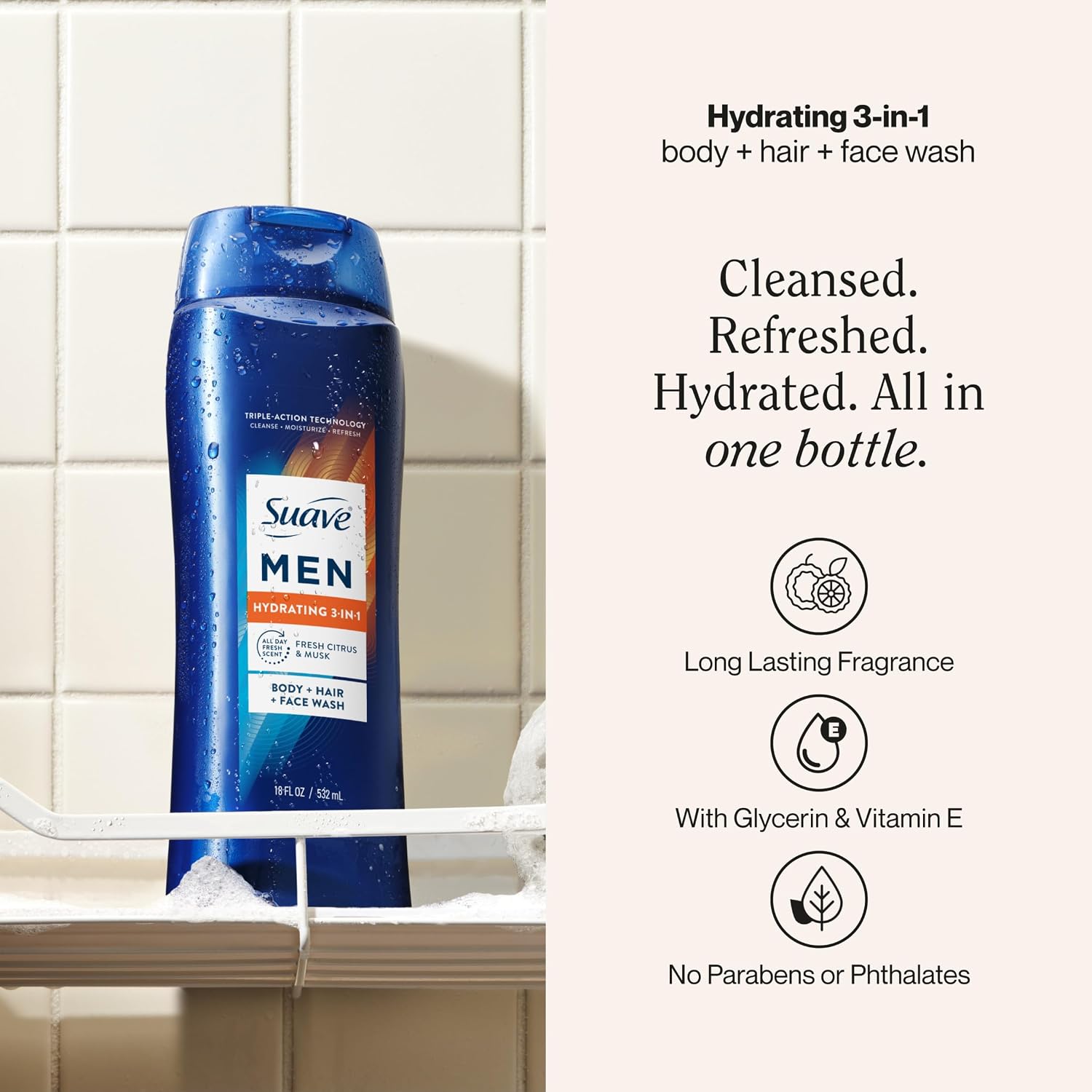 Detalle 2 de Suave Men Hydrating 3-in-1 Body, Hair & Face Wash, 18 fl oz, 6 Count