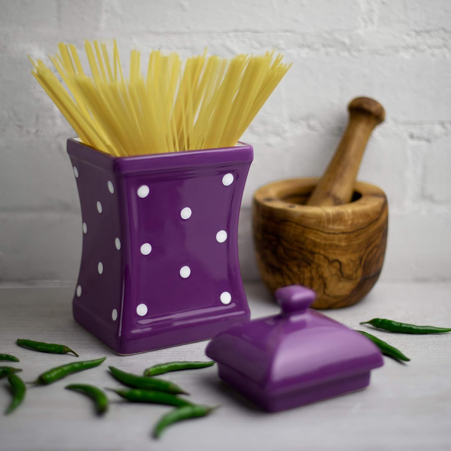 Detalle de City to Cottage Purple and White Polka Dot Spotty Ceramic Canister, 900ml