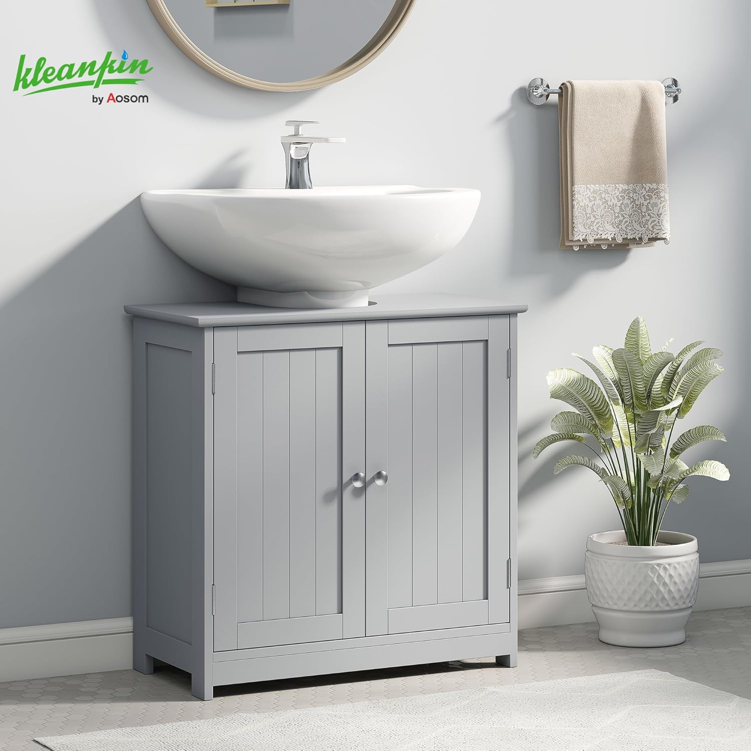 Detalle 2 de Kleankin meuble salle de bain sous lavabo gris avec double porte et étagère