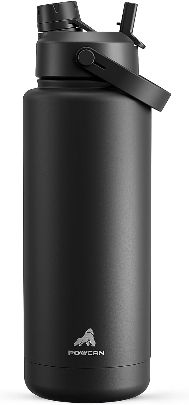 Detalle de POWCAN 40 oz Insulated Water Bottle with 2-in-1 Straw and Spout Lid, Dark Knight