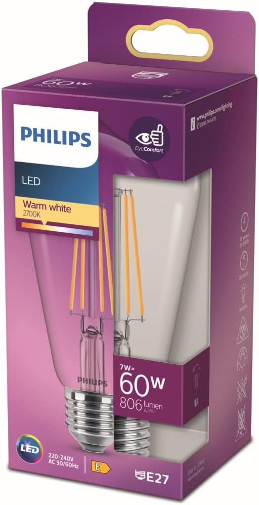 Detalle de Philips - Bombilla LED E27 60W luz blanca cálida