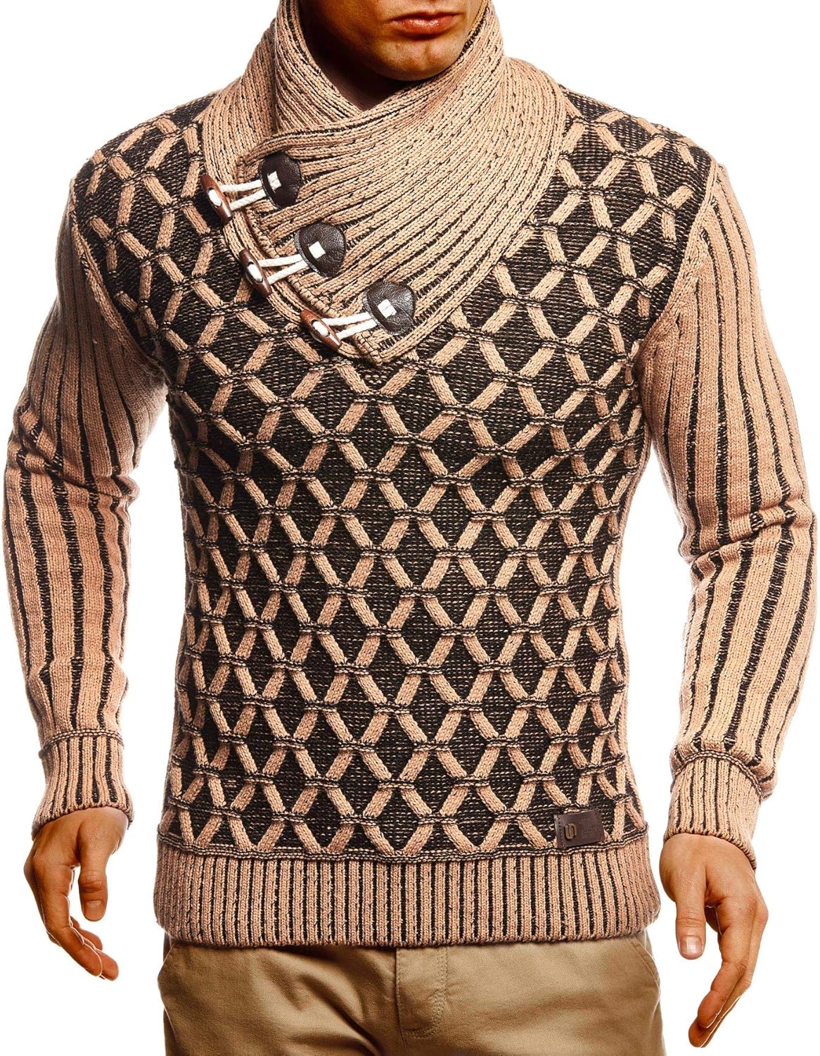 Detalle de Leif Nelson LN5385 : pull en tricot à col châle pour homme, coupe ajustée et polyvalent
