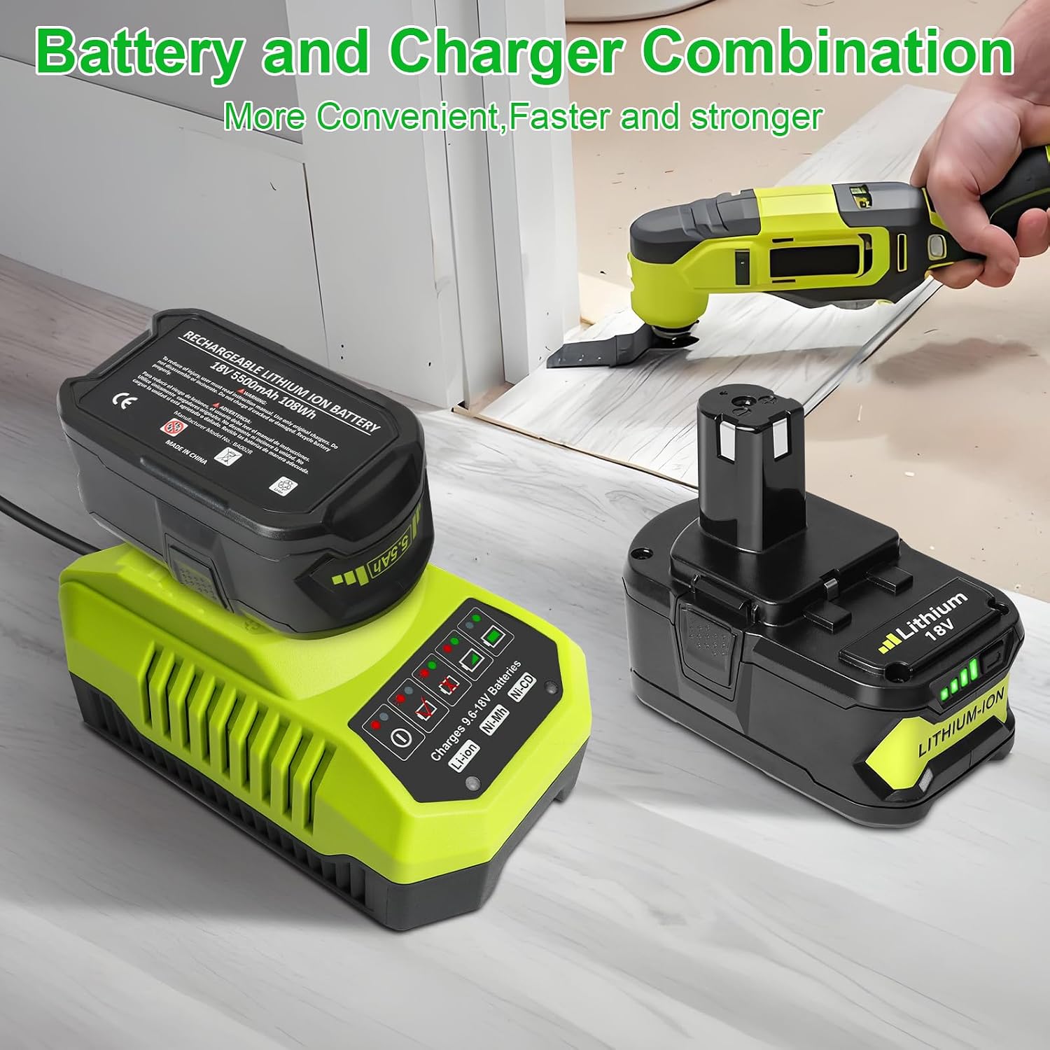 Detalle 2 de Powarobor 2-Pack 5.5Ah 18V Lithium-Ion Battery & P117 Charger Combo for Ryobi ONE+