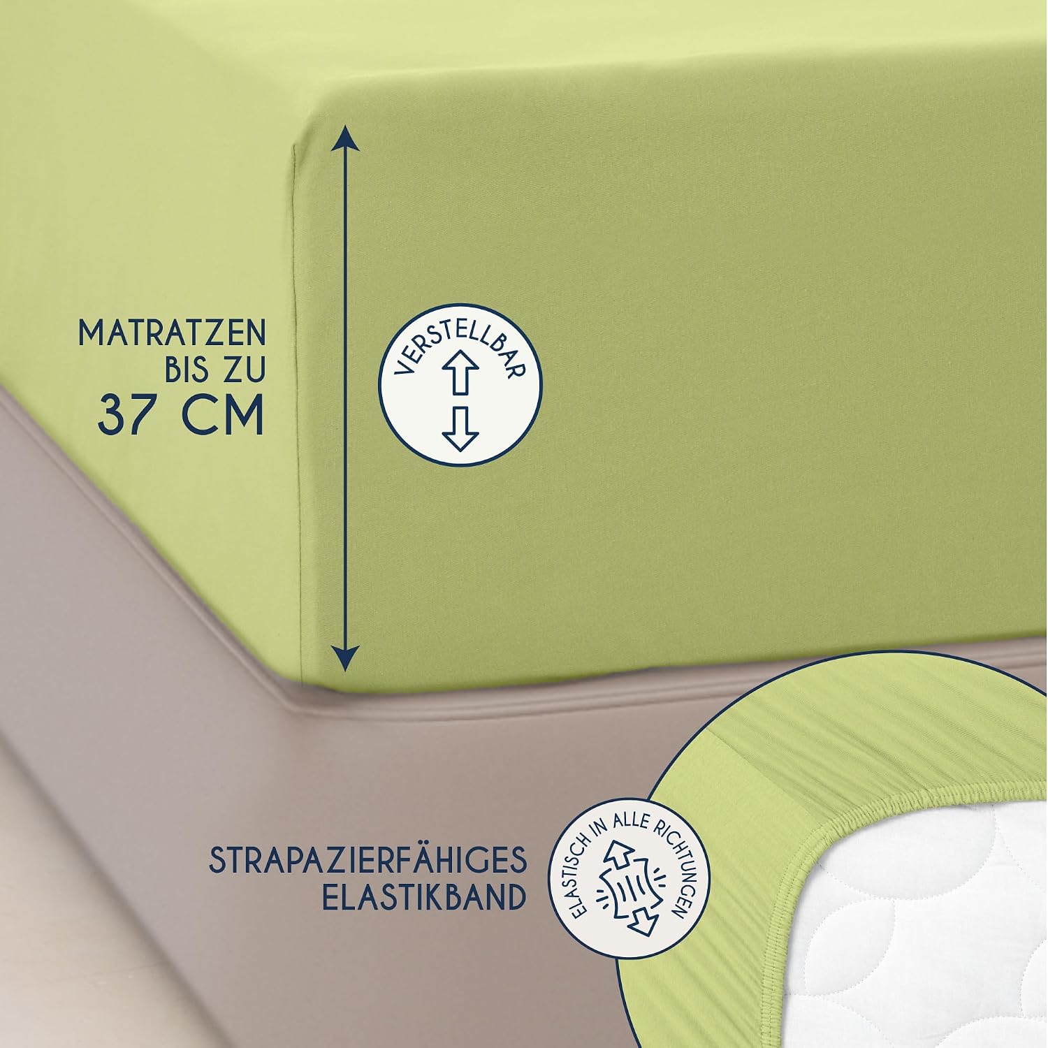 Detalle de Dreamzie Premium Spannbettlaken aus Jersey (60° waschbar) in Grün – passend bis 37 cm Seitenhöhe (180×200 bis 200×220)