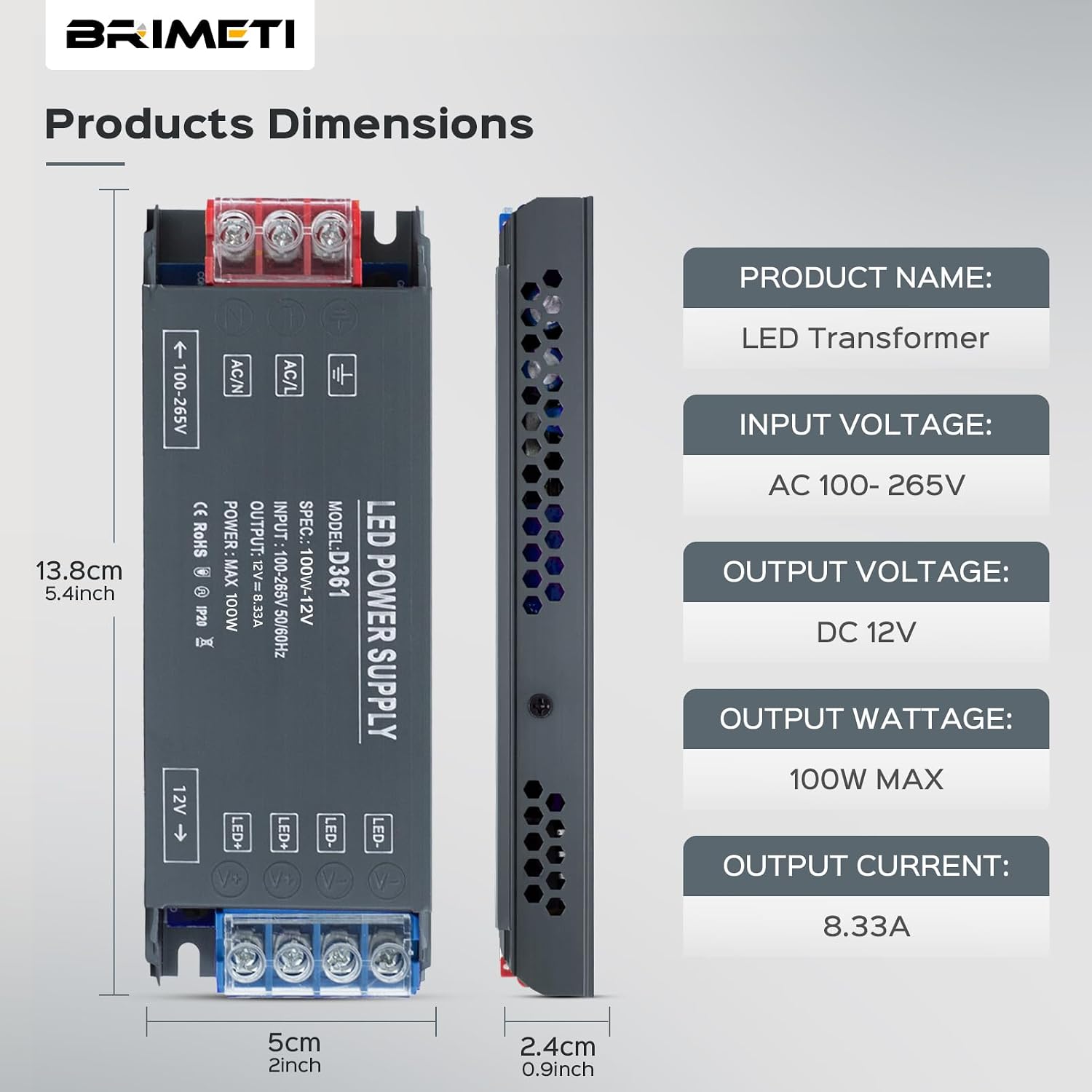 Detalle de BRIMETI 240V to 12V LED Driver (100W) – Ultra Slim 12V DC Transformer