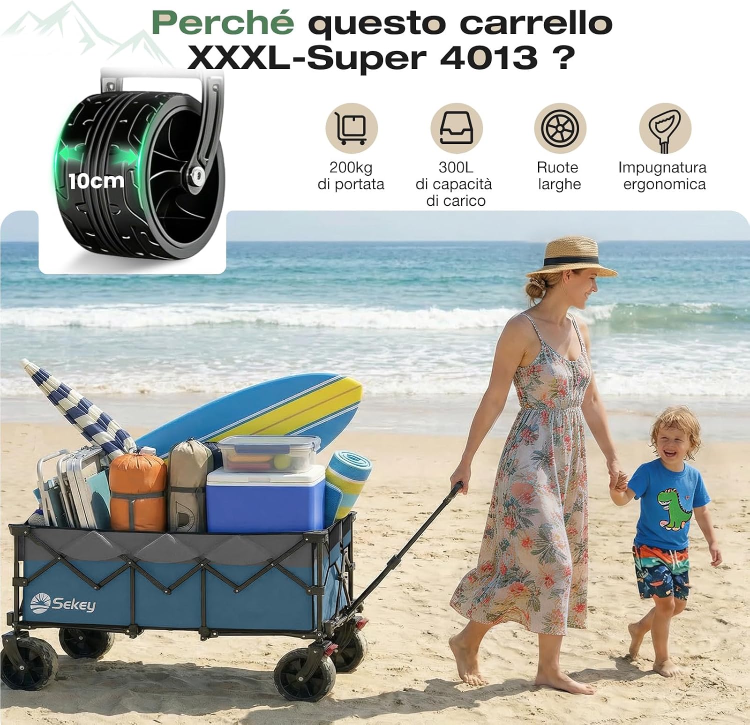 Detalle de Sekey XXXL Carrello Spiaggia con Ruote Extra Large 300L, Pieghevole a Quattro Direzioni SE4013