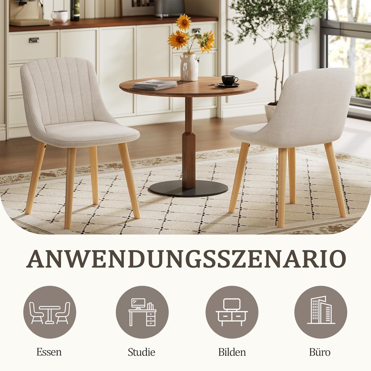 Thumbnail 3 de Goeurvant: Sedie per tavolo beige in poliestere con gambe e schienale in legno massiccio (set da 4)