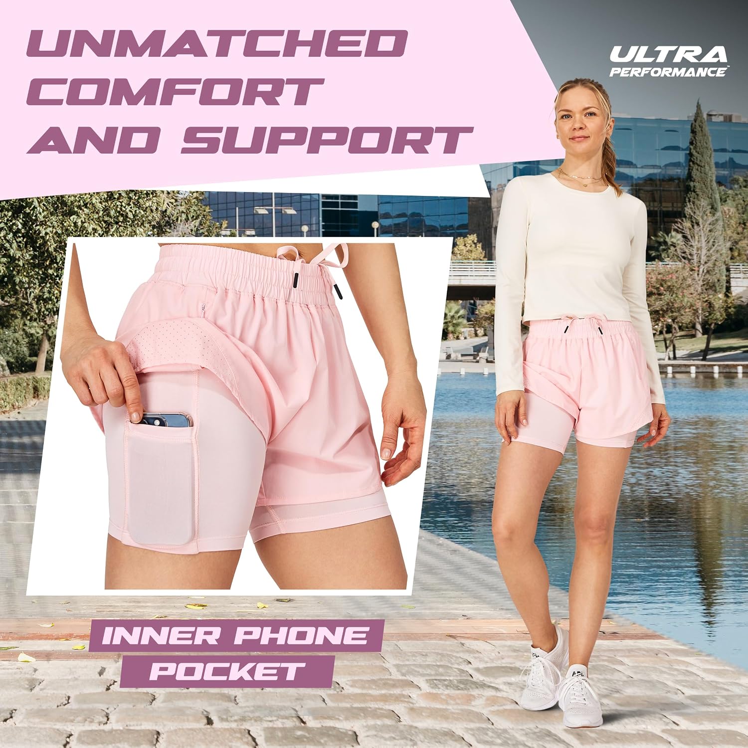 Thumbnail 2 de Ultra Performance Women's Running Gym Shorts (2-Pack) with Built-In Liner and Phone Pocket