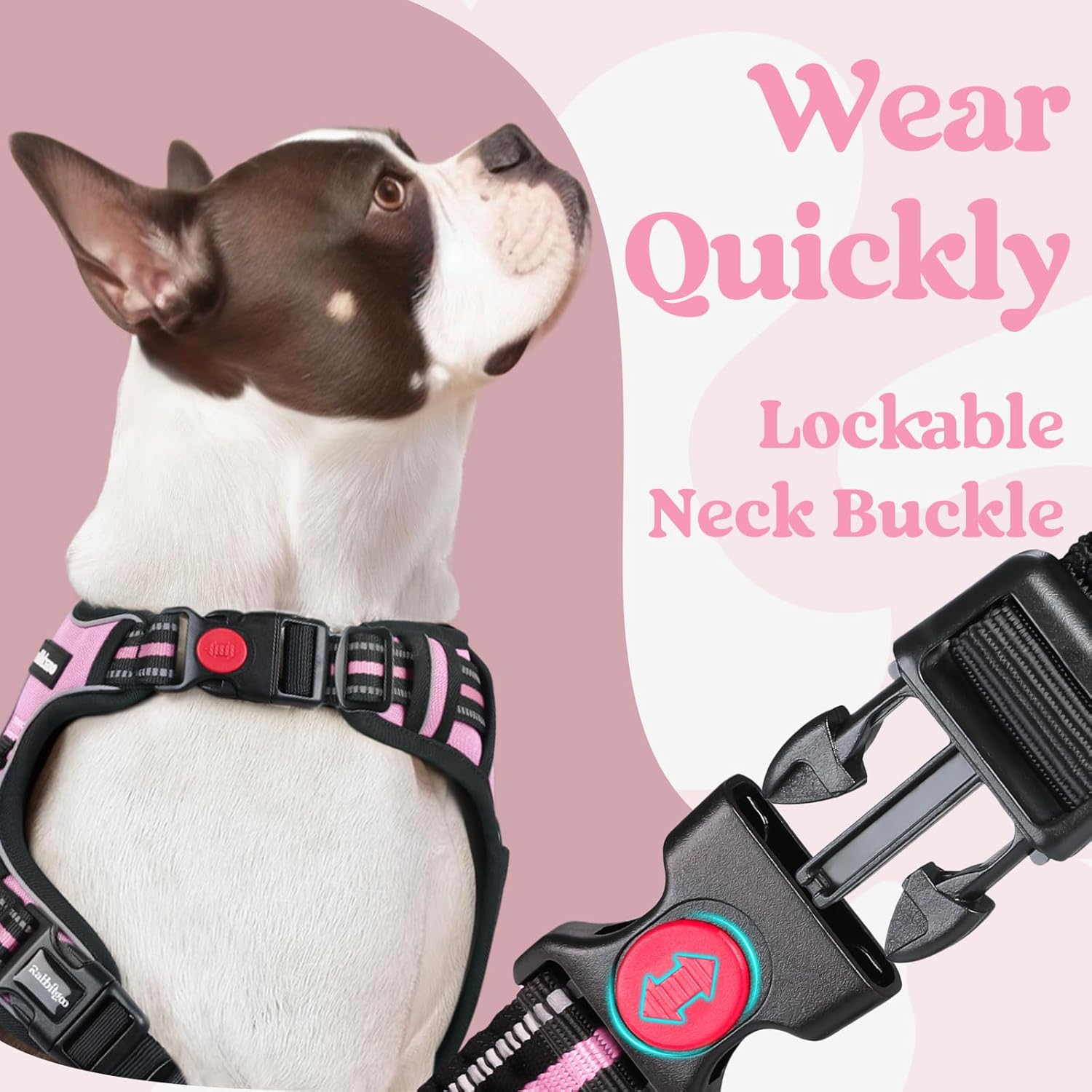 Detalle de rabbitgoo Dog Harness Medium - No-Pull Adjustable Vest with 3 Buckles, Reflective Mesh, Pink, M