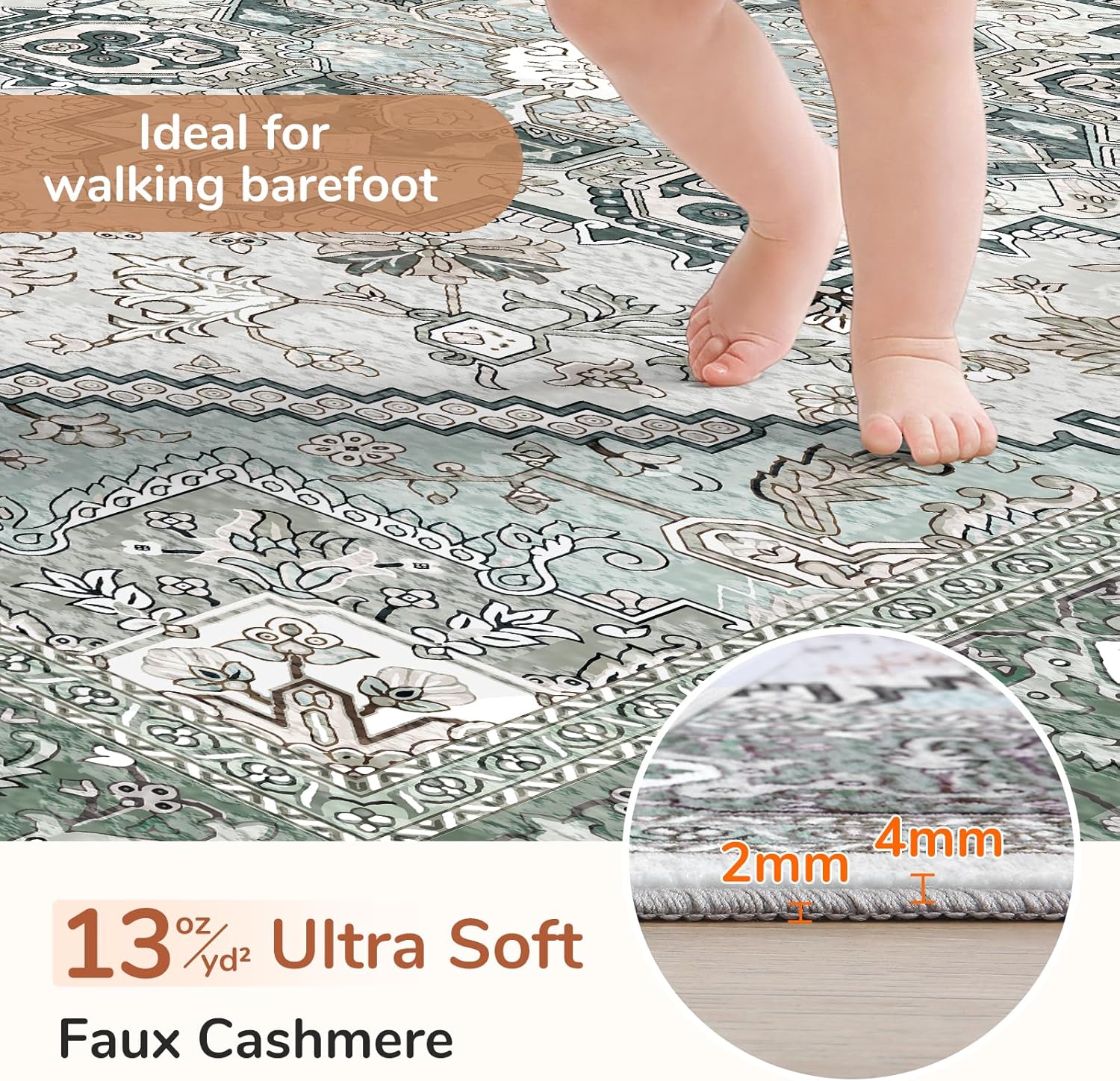 Detalle de OPPODREAM 4'x6' Washable Area Rug, Green, Low Pile, Non-Slip Backing