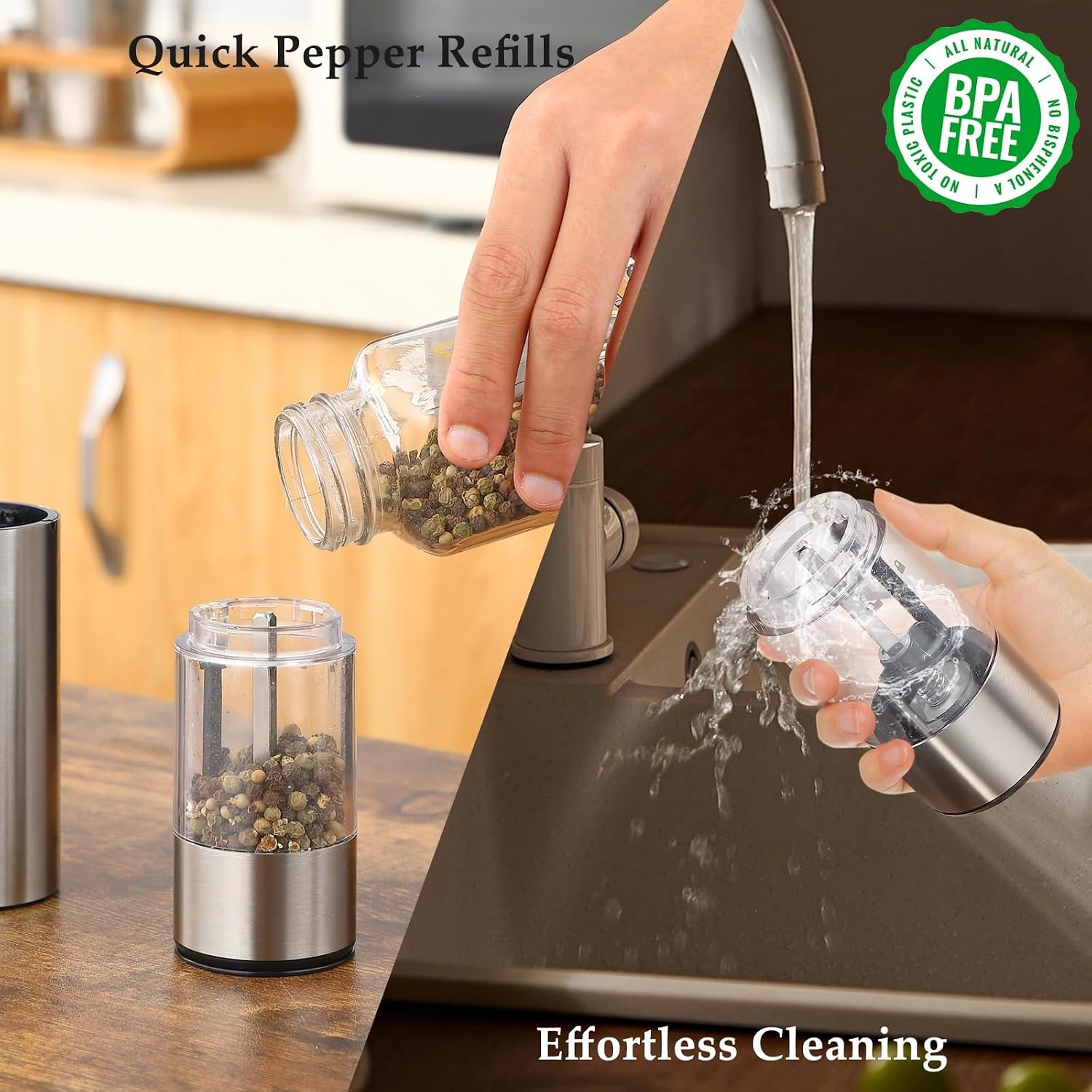 Detalle de Electric Salt and Pepper Grinder Set (2 Pack) – USB Rechargeable, Stainless Steel, Adjustable Coarseness with LED Light