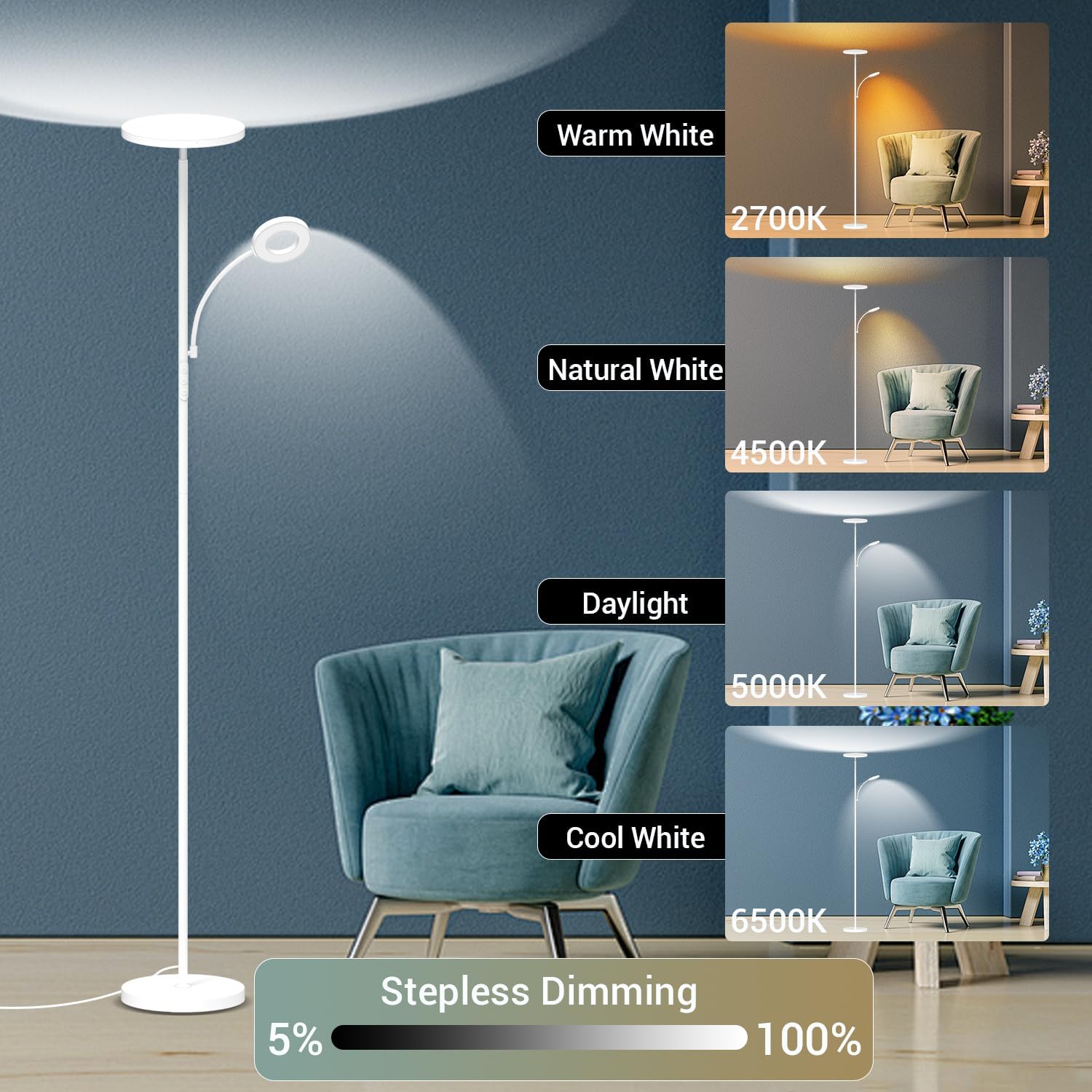 Detalle 2 de 42W Stehlampe Wohnzimmer Weiß: 4200 Lumen, verstellbare Farbtemperatur und Dimmmodus