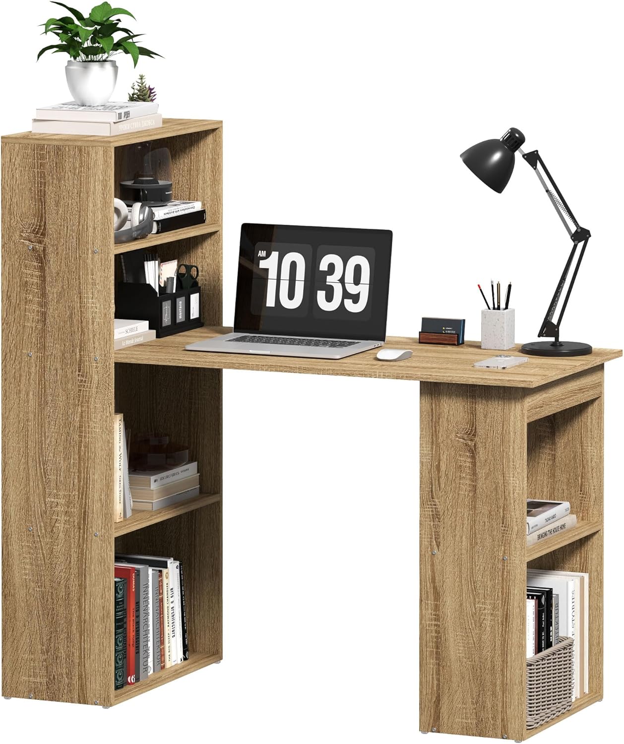 HOMCOM Bureau Informatique avec Rangement – 120 x 55 x 120 cm, chêne (6 compartiments ouverts)
