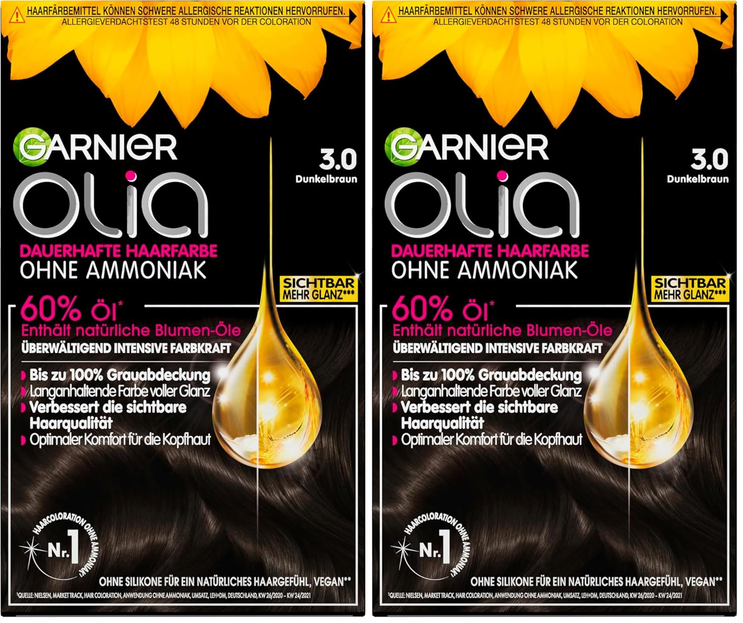 Detalle de Garnier Olia Dauerhafte Haarfarbe ohne Ammoniak Nr. 3.0 Dunkelbraun (Packung mit 2), 1 Stück