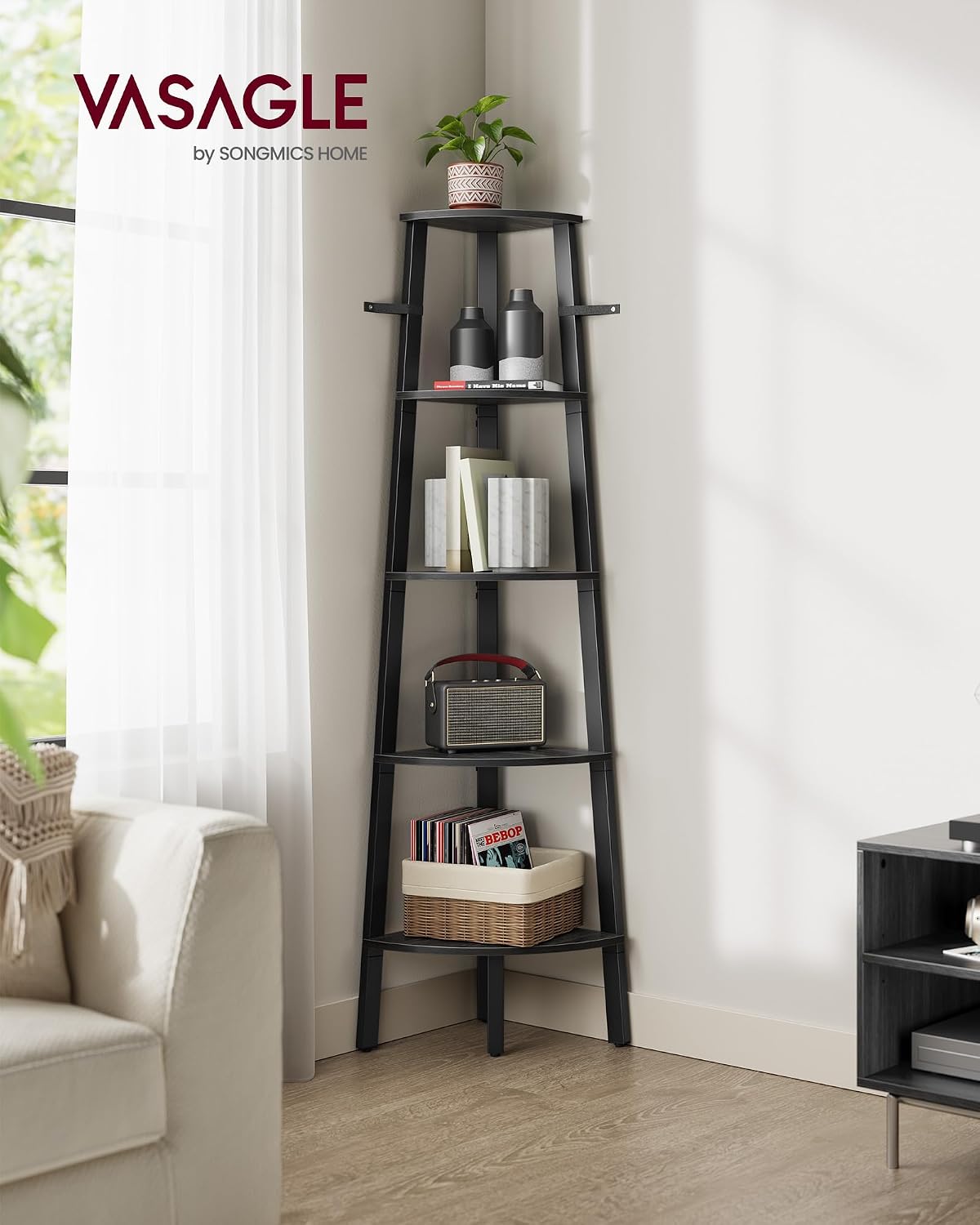 Detalle de VASAGLE BARNET LLS035B02 5-Tier Corner Shelf, Charcoal Grey and Matte Black