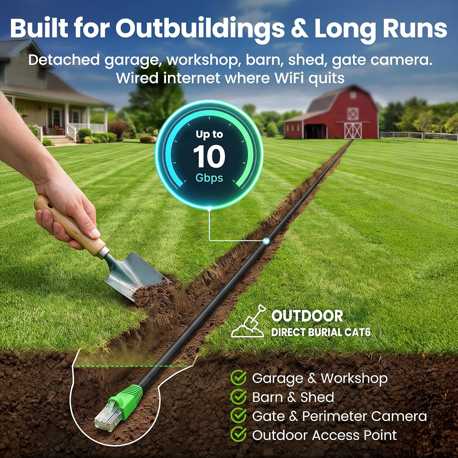 Detalle 2 de GEARit Cat6 Ethernet Cable 200ft (Outdoor Direct Burial, 24AWG, RJ45, UV-Resistant Jacket)