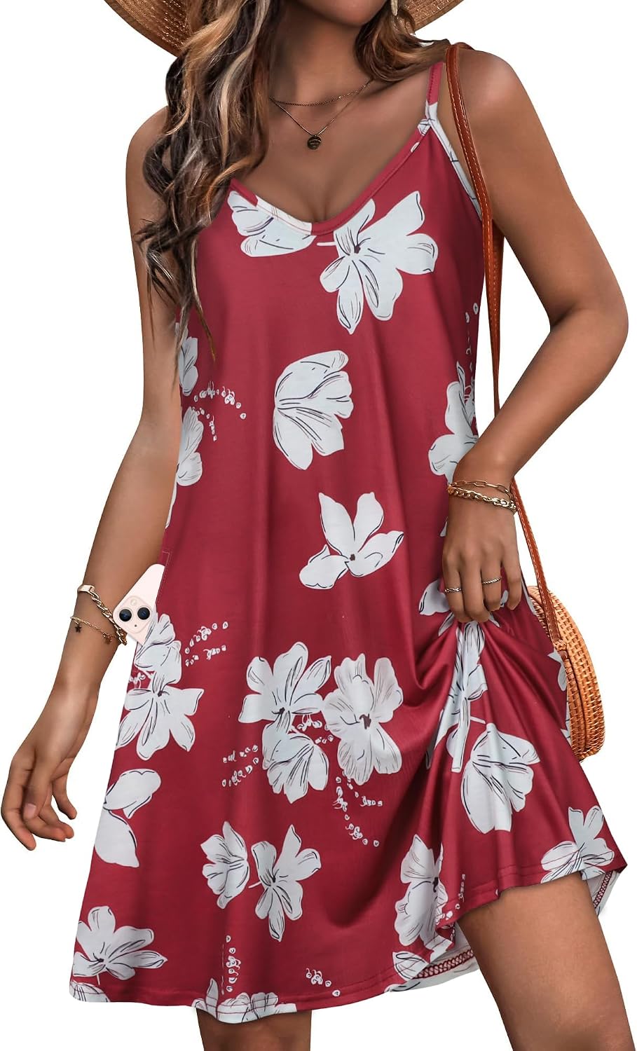 Detalle de ADOREJOY Women's Spaghetti-Strap Summer Sundress with Pockets, Button-Down V-Neck