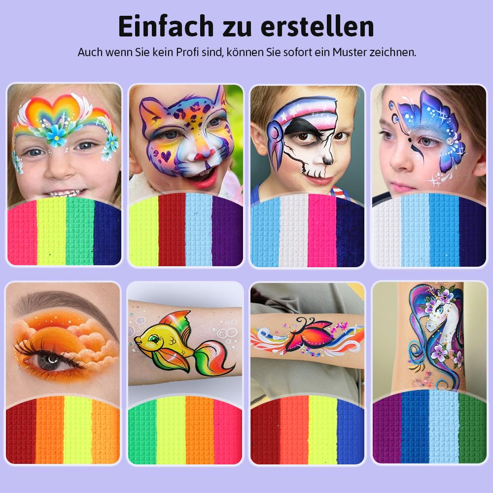 Detalle 2 de Janolia Gesichtsfarbe Kinderschminke Set – UV-Theaterfarben, Split Cake, 8 Rainbow-Farben + Extras