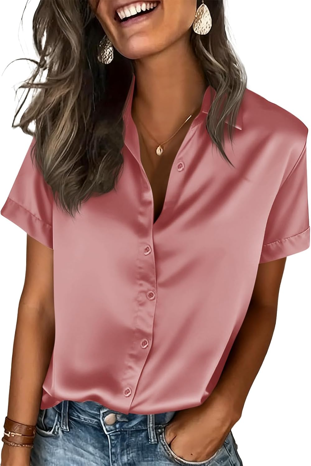 Thumbnail 6 de Tankaneo Damen Satin Bluse mit V-Ausschnitt, Kurzarm – Einfarbig, sommerlich leicht