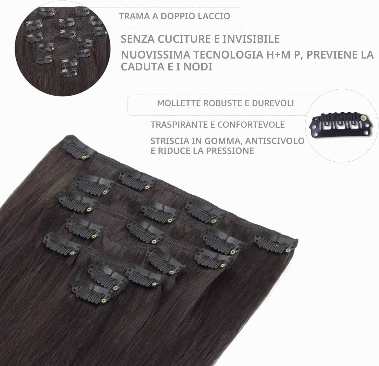 Detalle de WENNALIFE Extension a clip di capelli veri Remy, vergini, 50,8 cm, castano scuro, 7 pezzi 70 g