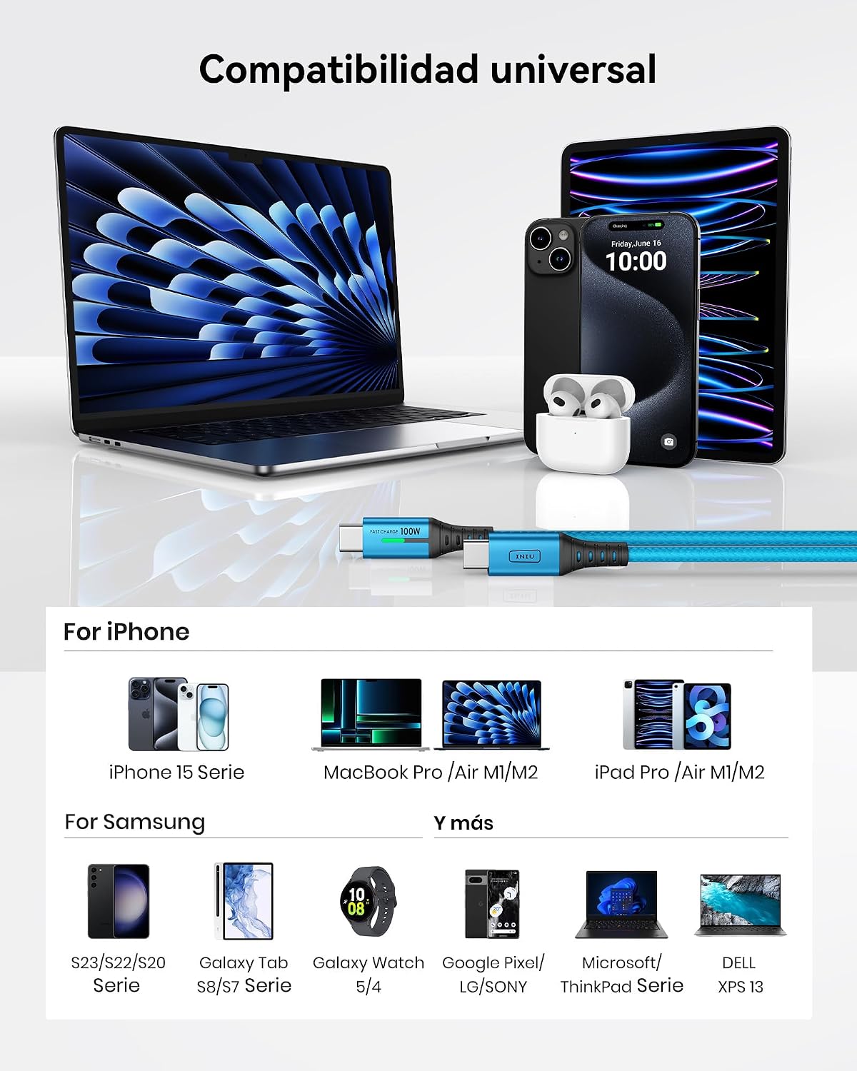Thumbnail 5 de INIU USB C auf USB C Kabel 100W, 2m+2m blau