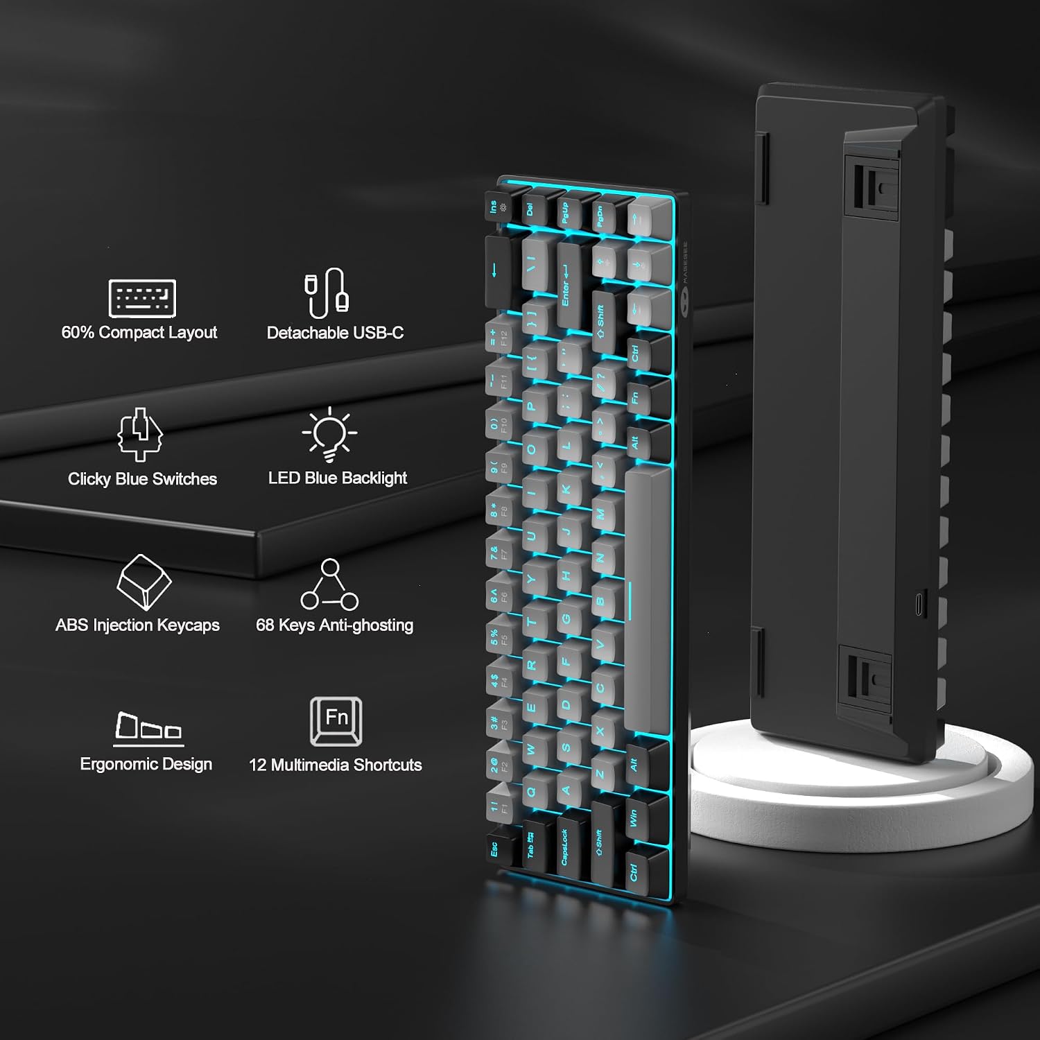 Detalle de MageGee MK-Box 60% Mechanical Keyboard, 68 Keys, Blue Switches and LED Backlighting