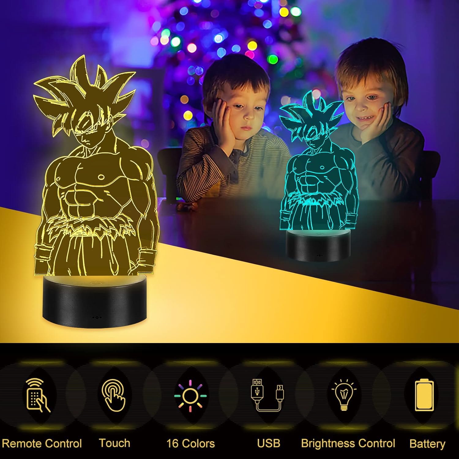 Detalle 2 de Eygerur Goku 3D LED Night Light with Remote & Touch — 7 Colours + 16 Colour Change, USB/Battery Powered