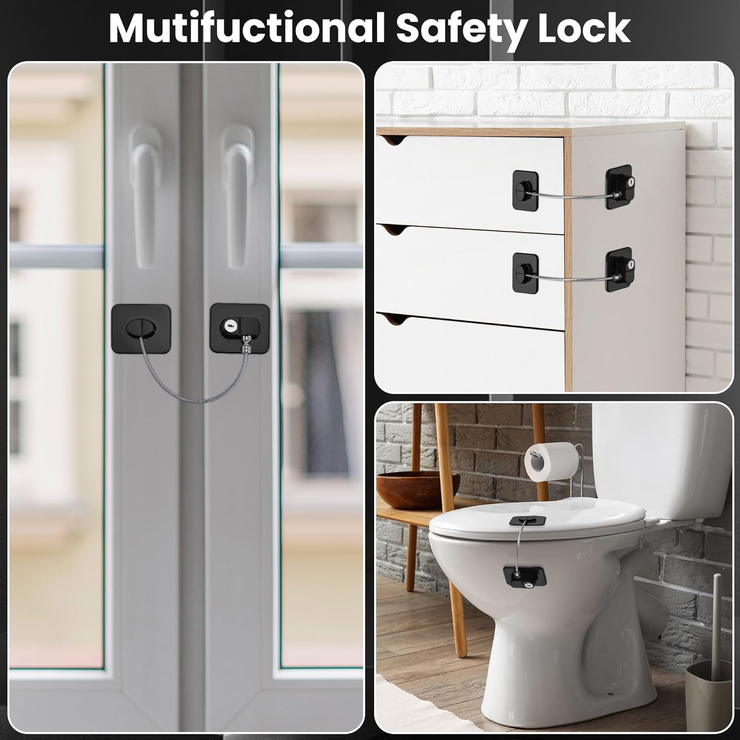 Thumbnail 6 de Huiguli 2-pack Refrigerator Door Locks with Adhesive Cable Restrictor and Keys (Black)