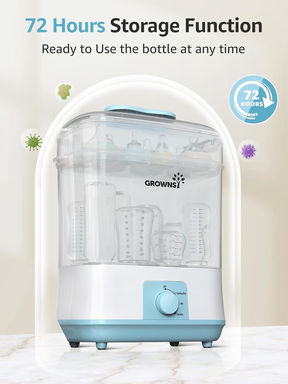 Detalle de GROWNSY BS706 4-in-1 Baby Bottle Sterilizer and Dryer, Blue, 72-Hour Storage