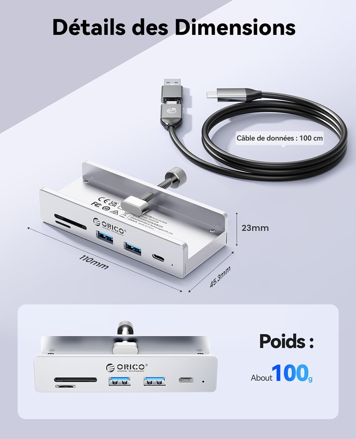 Thumbnail 6 de ORICO Hub USB 3.2 10 Gbps en aluminium avec clip et USB-C PD 60W – 7 ports