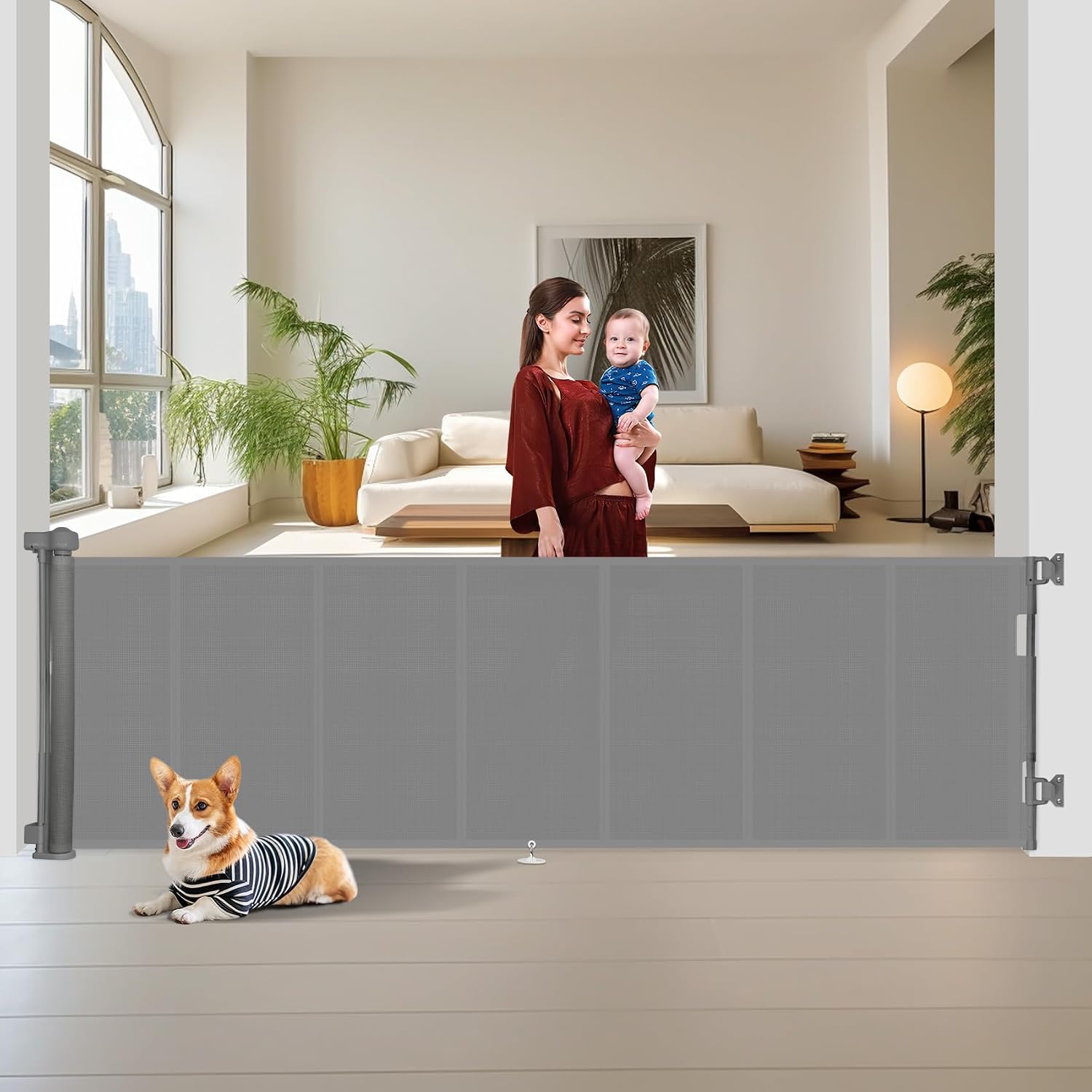 Detalle de Miumoon SH20.006C 150-Inch Retractable Baby Gate, 34-Inch Gray Mesh
