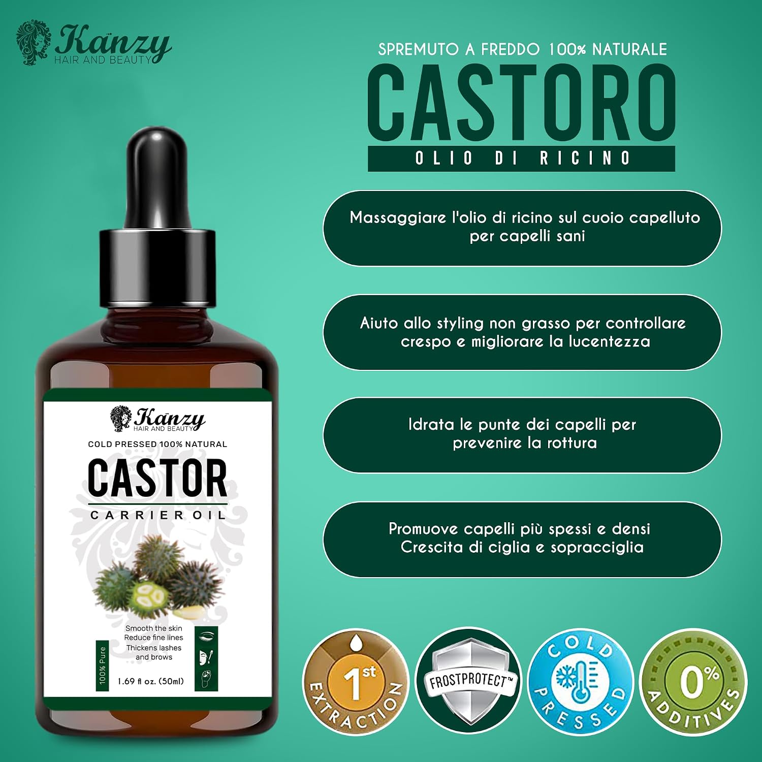 Detalle 2 de Olio di ricino Kanzy per ciglia e sopracciglia 50 ml