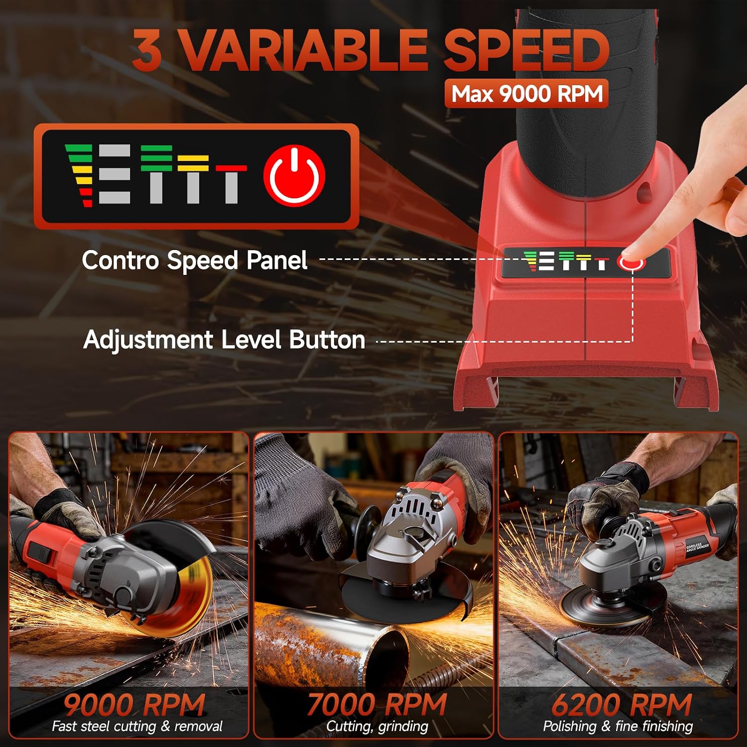 Detalle 2 de YEARTOP 205760 Cordless Angle Grinder, Brushless, 3-Speed, 4-1/2"/5