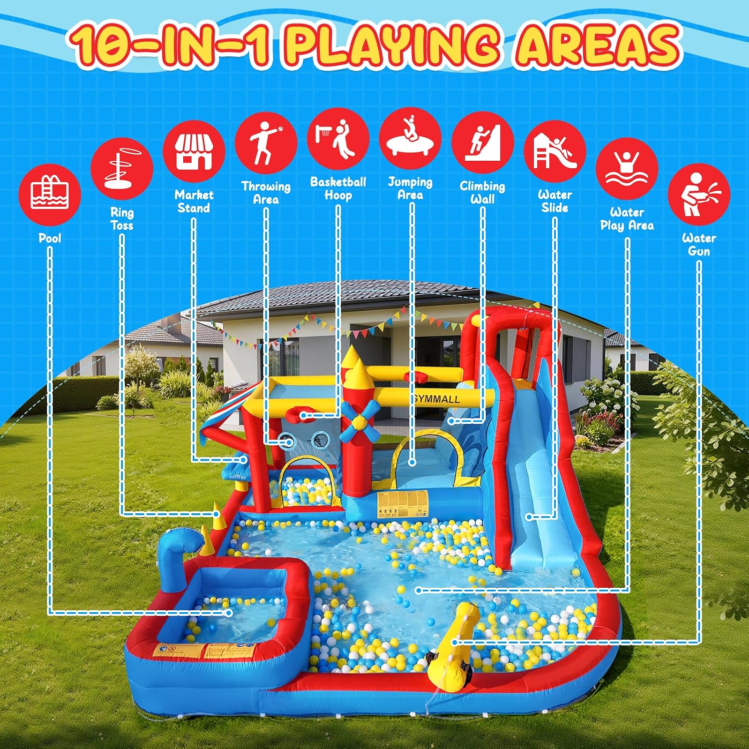 Thumbnail 1 de GYMMALL Inflatable 10-in-1 Water Slide Bounce House with 550 W Blower