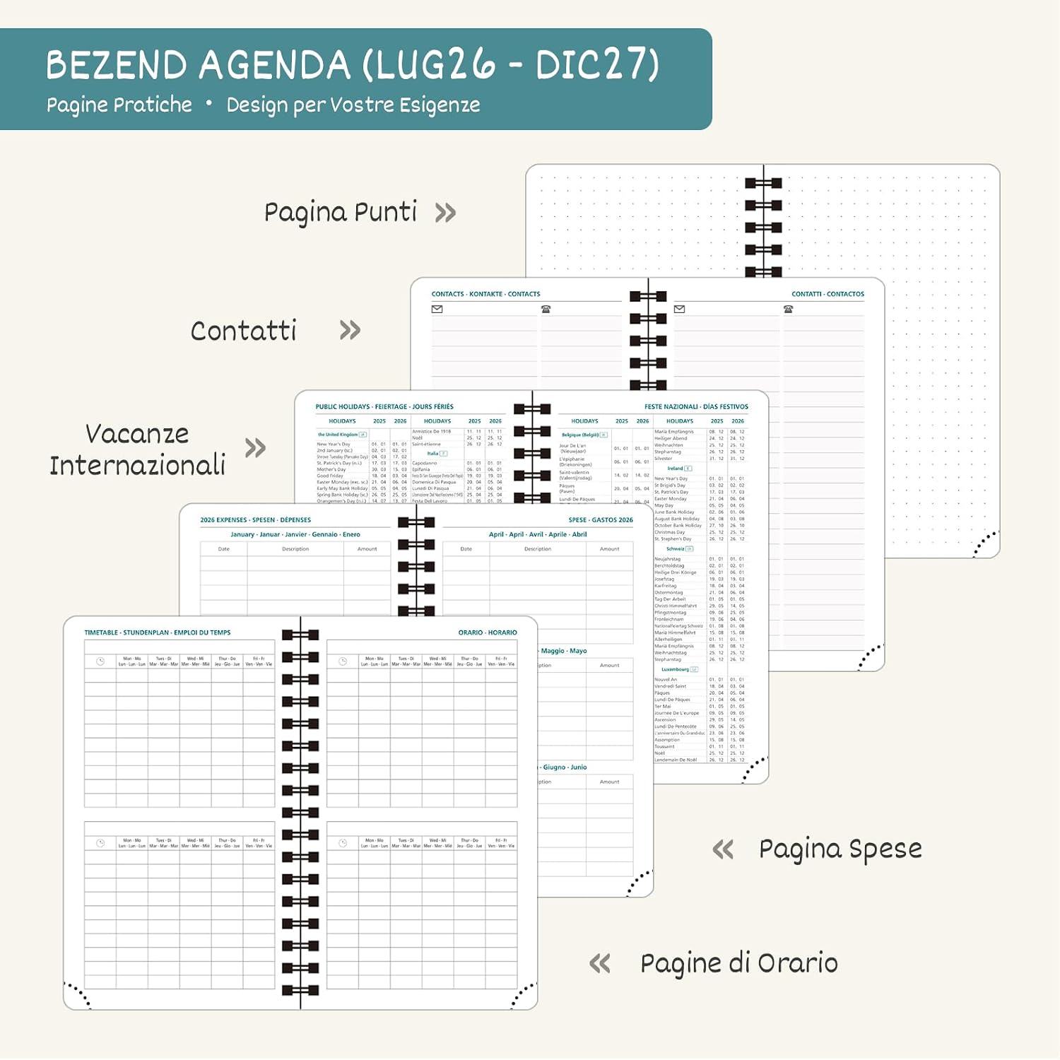 Thumbnail 4 de BEZEND Agenda 2026-2027 Settimanale Tascabile Spirale A6 18 Mesi, Nero, PU Morbida