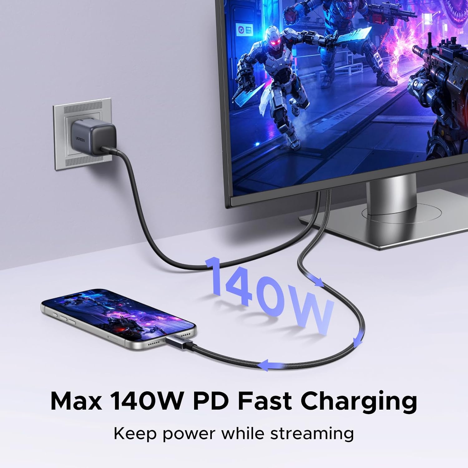 Thumbnail 4 de UGREEN USB C to HDMI 2.1 Cable 140W PD Fast Charger — 8K@60Hz, 4K@240Hz, 1440P@360Hz (2m)