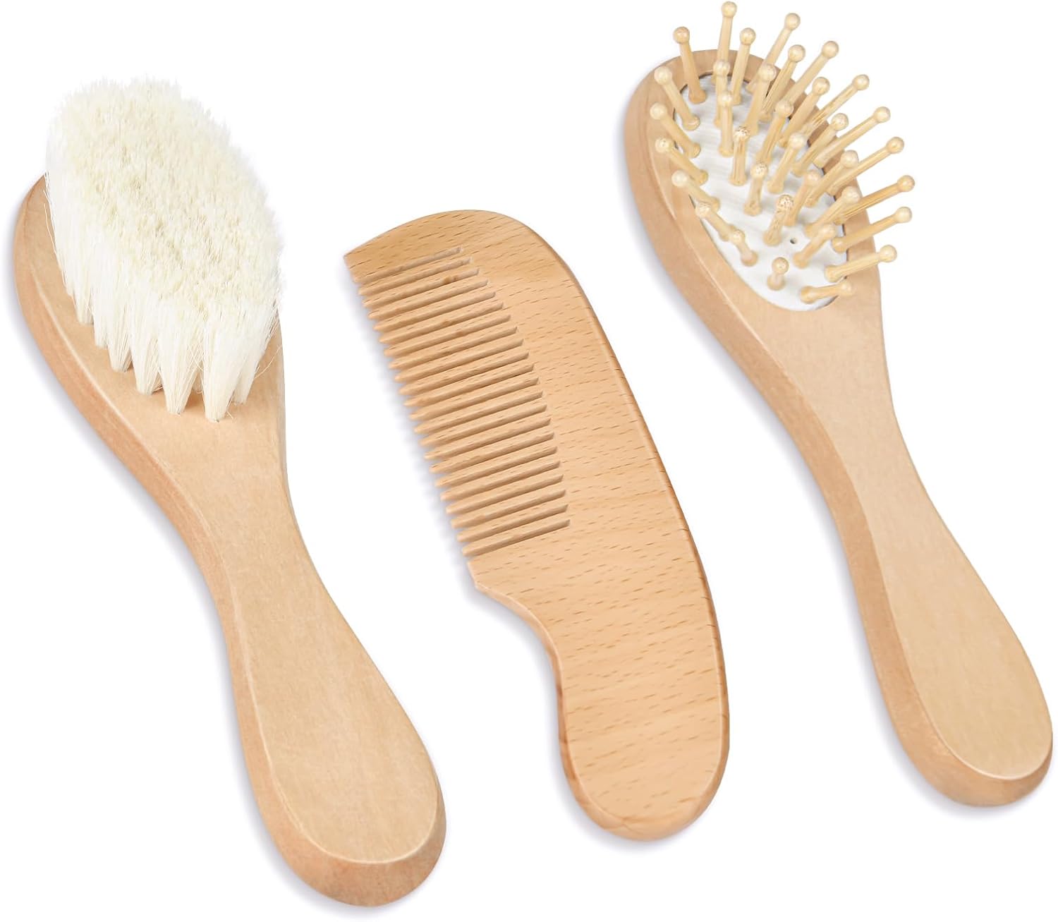 Detalle de Aolso Brosse Cheveux Bébé – Lot 3 pcs, bois naturel et poils de chèvre doux