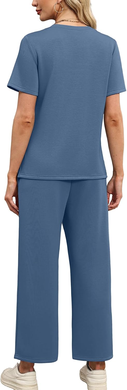Detalle de WIHOLL Two Piece Sets for Women - Lightweight Summer Lounging Set with Side Slit Top & Wide Leg Pants