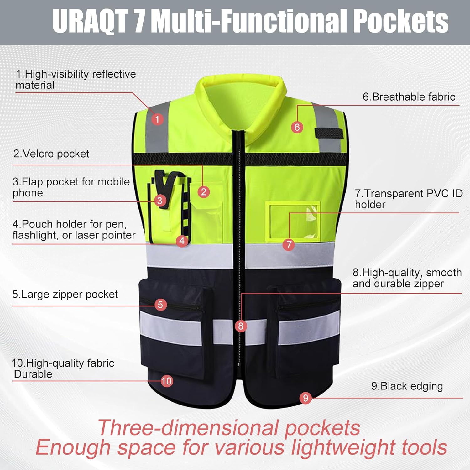 Detalle de URAQT Gilet Alta Visibilità riflettente con 7 tasche e cerniera, taglia XL
