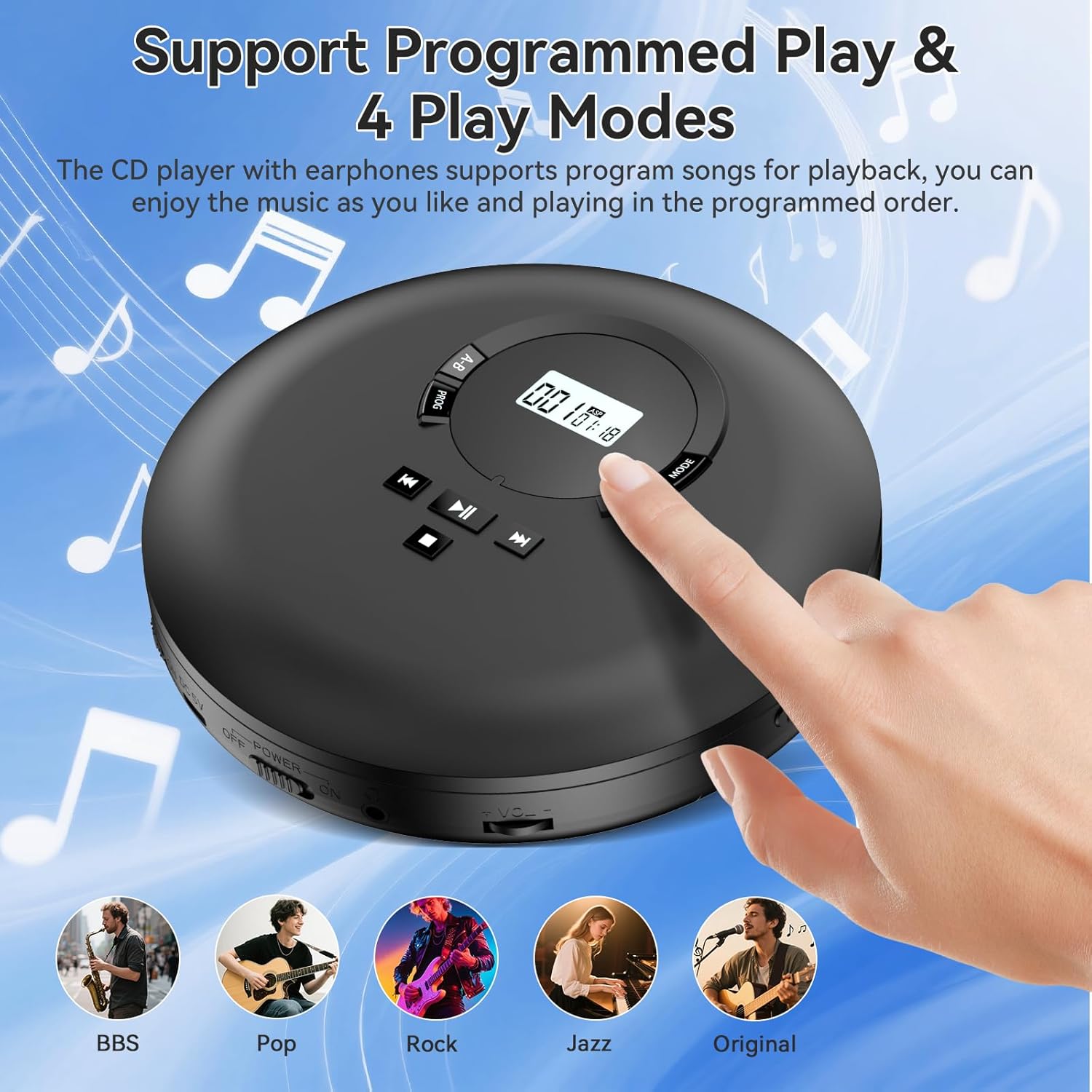 Detalle de Gueray Portable CD Player with Anti-Skip, LCD Display, and 32-Track Program Memory